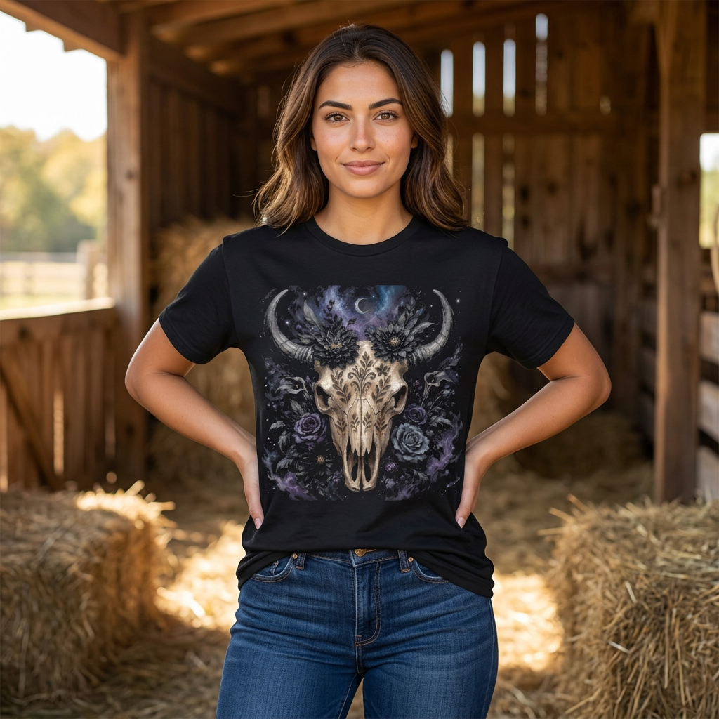 Roses Moon Skull Tee — Gothic Floral Bull Skull T-Shirt