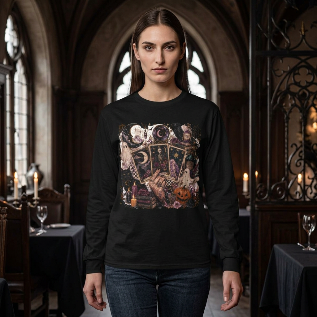 Halloween Tarot Long Sleeve Tee — Ghosts, Pumpkins & Tarot Cards Graphic Tee. Midnight Eye, LLC