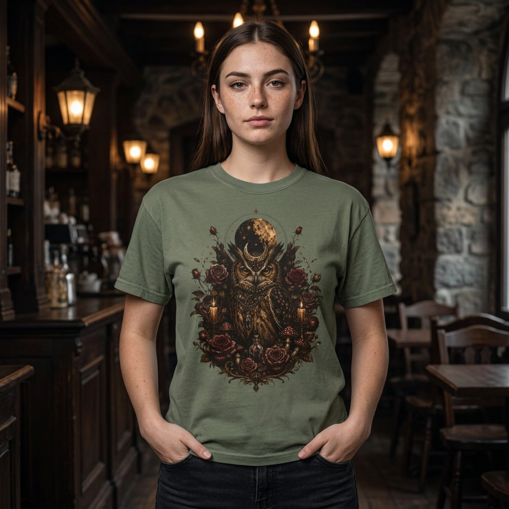 Owl Moon Graphic T-Shirt — Gothic Owl with Roses