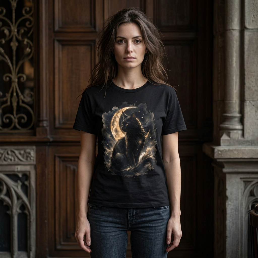 Black Cat Mystical Moon Graphic T-Shirt - Gothic Black Roses Tee