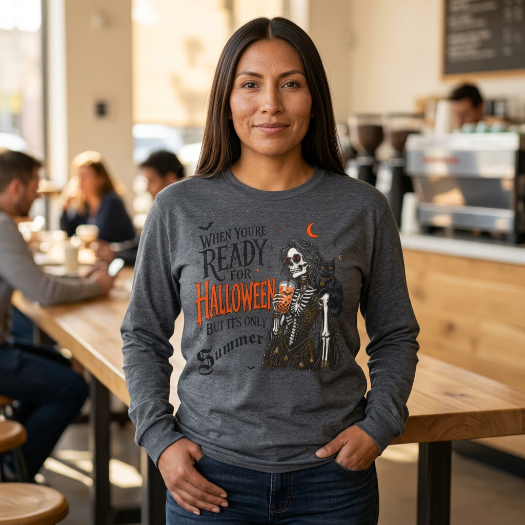 Halloween-Ready Skeleton Long Sleeve Tee — "When You're Ready for Halloween but It's Only Summer"
