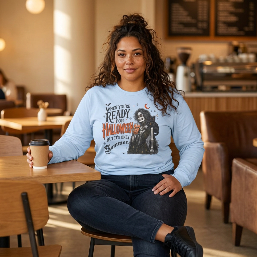 Halloween Skeleton Long Sleeve Tee – "When You're Ready for Halloween But It's Only Summer"