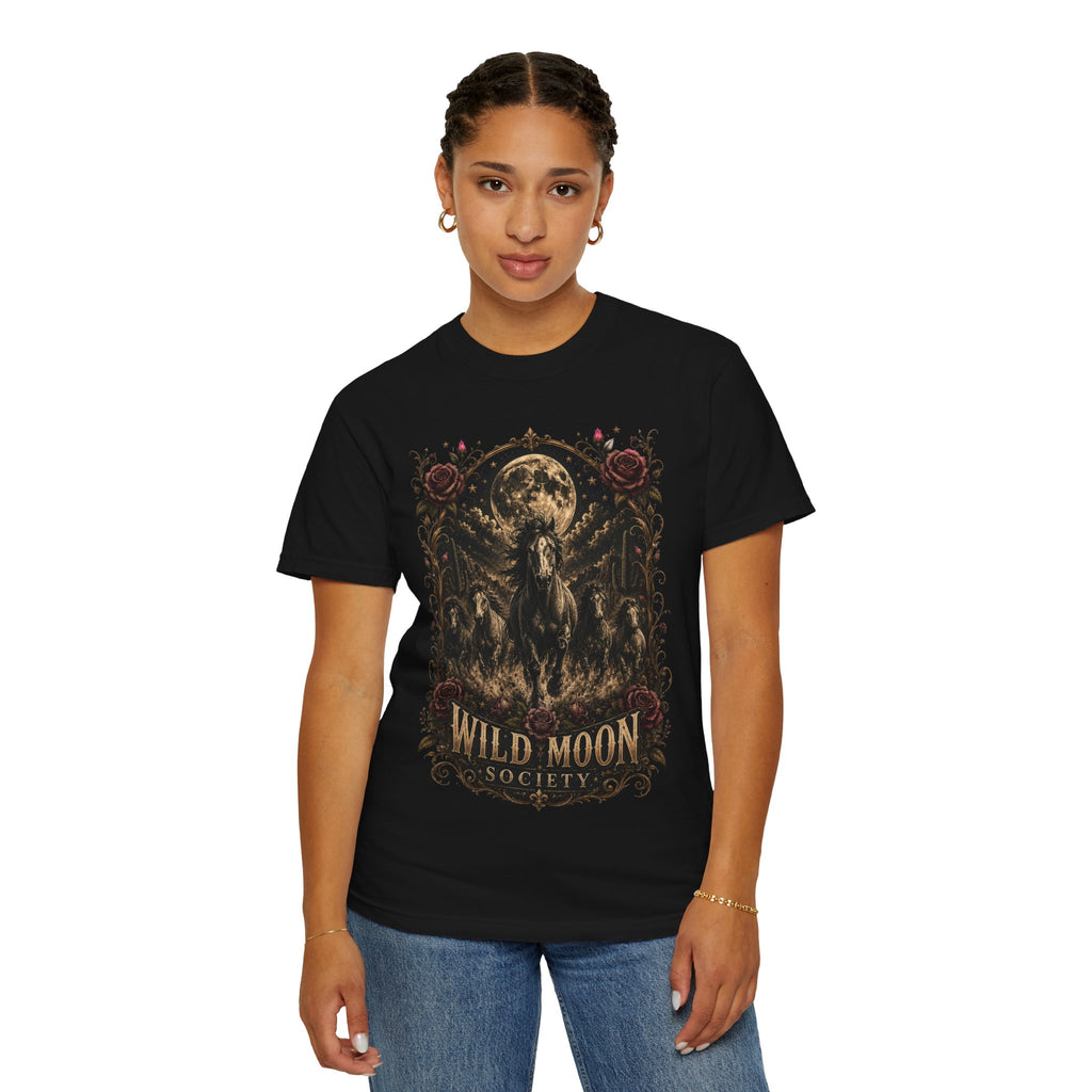 Wild Moon Society T-Shirt — Vintage Gothic Moon & Horse Graphic Tee. Midnight Eye, LLC.