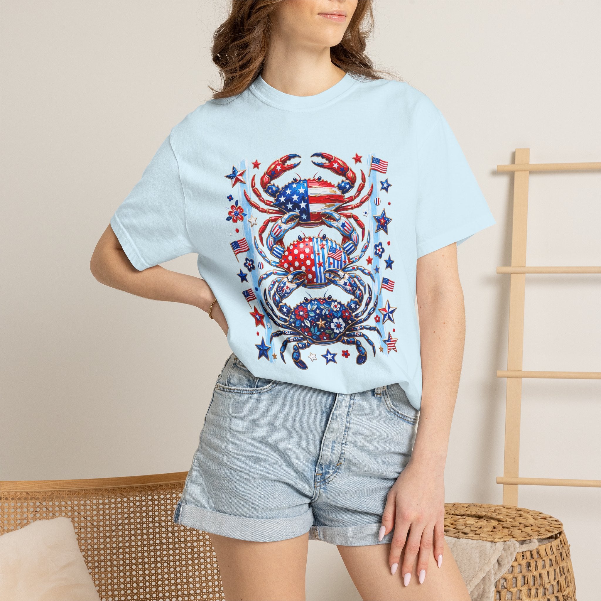 Patriotic Crab T-Shirt — Red White Blue Fourth of July Tee - Faux Brushstroke Graphic Tee - Midnight Eye, LLC