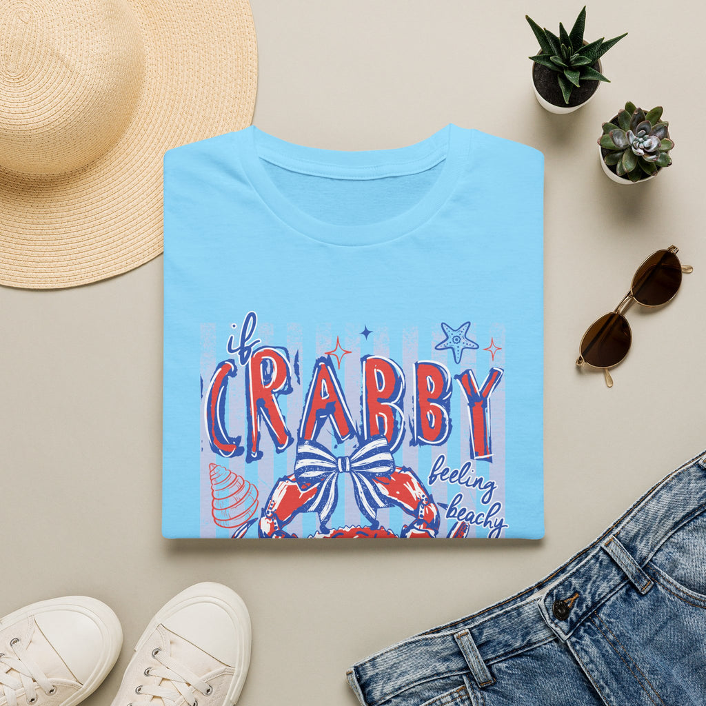 Crabby Beach T-Shirt — "If Crabby, Please Return to the Beach" Funny Summer Tee. Midnight Eye LLC.