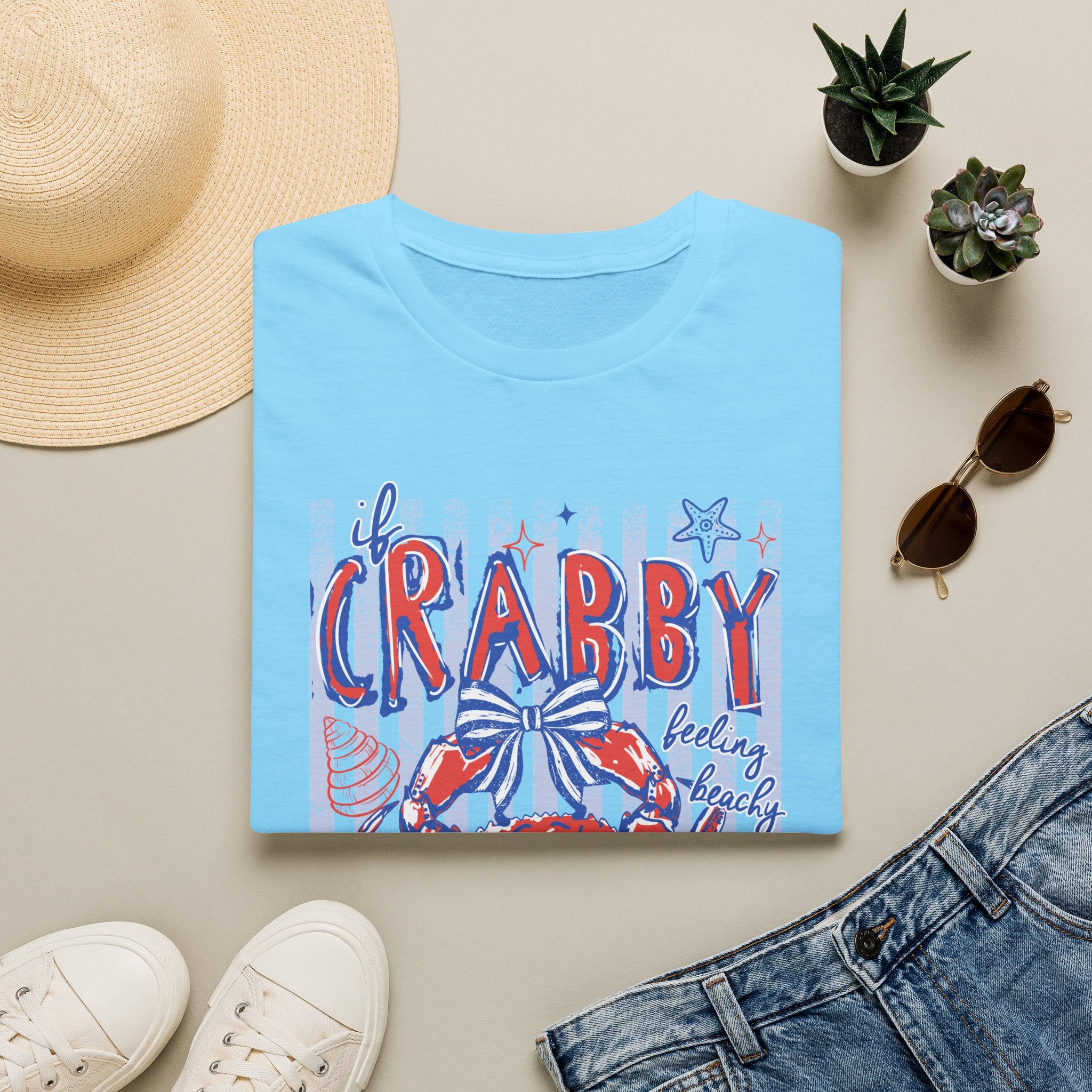 Crabby Beach T-Shirt — "If Crabby, Please Return to the Beach" Funny Summer Tee. Midnight Eye LLC.
