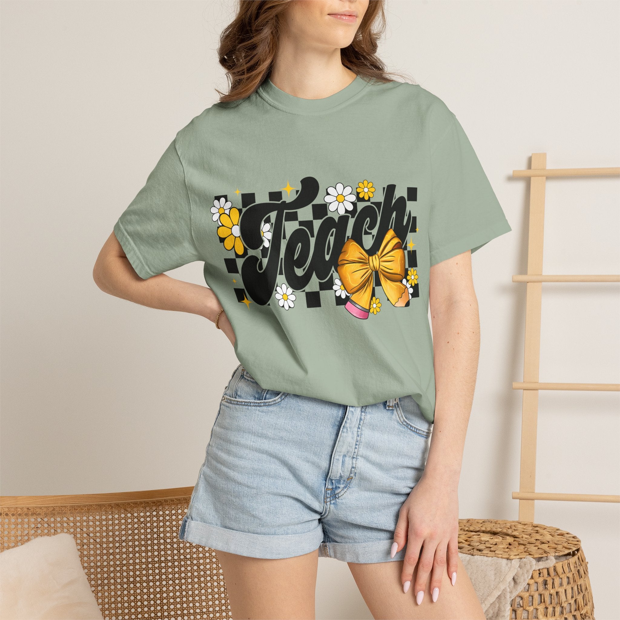 Teacher Floral Bow T-Shirt — 'Teach' Checkerboard Design. Midnight Eye, LLC