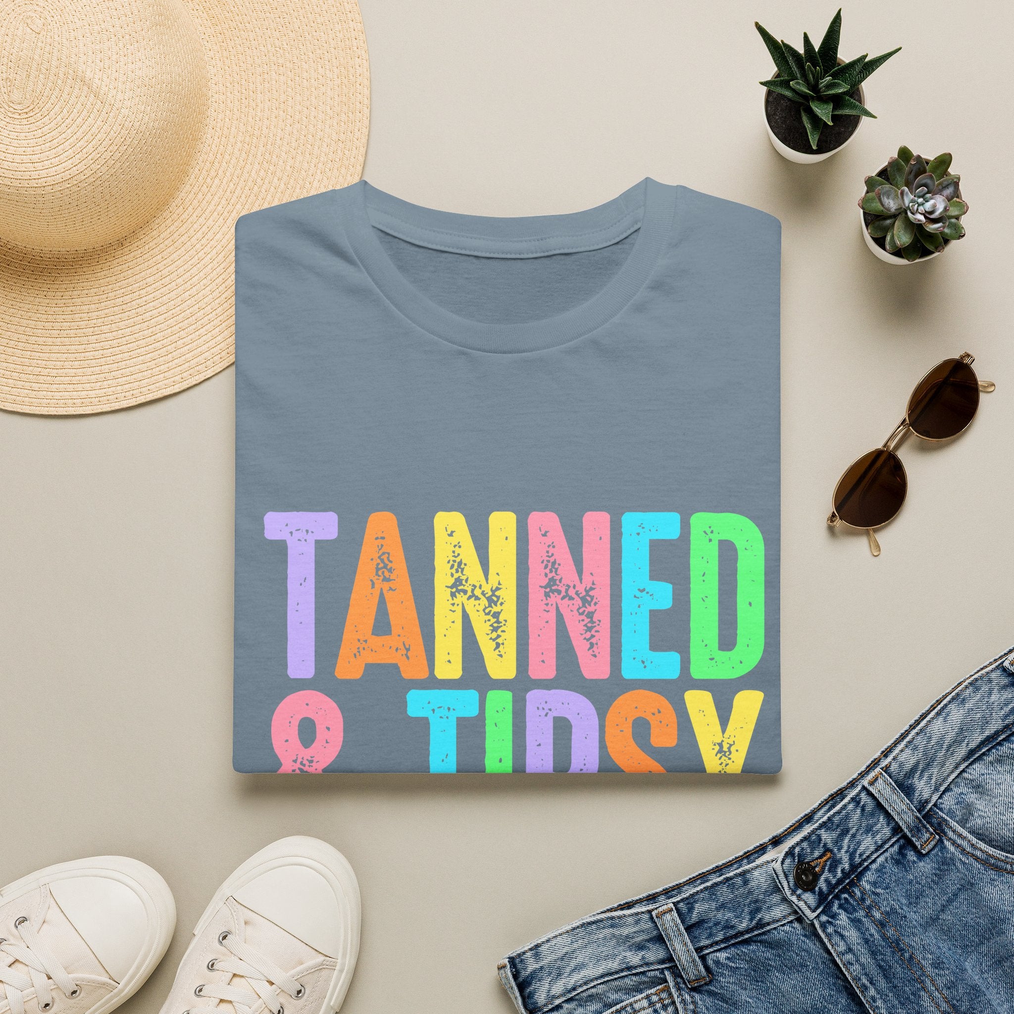 Tanned & Tipsy Beach Vacation T-Shirt - Colorful Vacation T-Shirt - Funny Summer Tee. Midnight Eye, LLC.