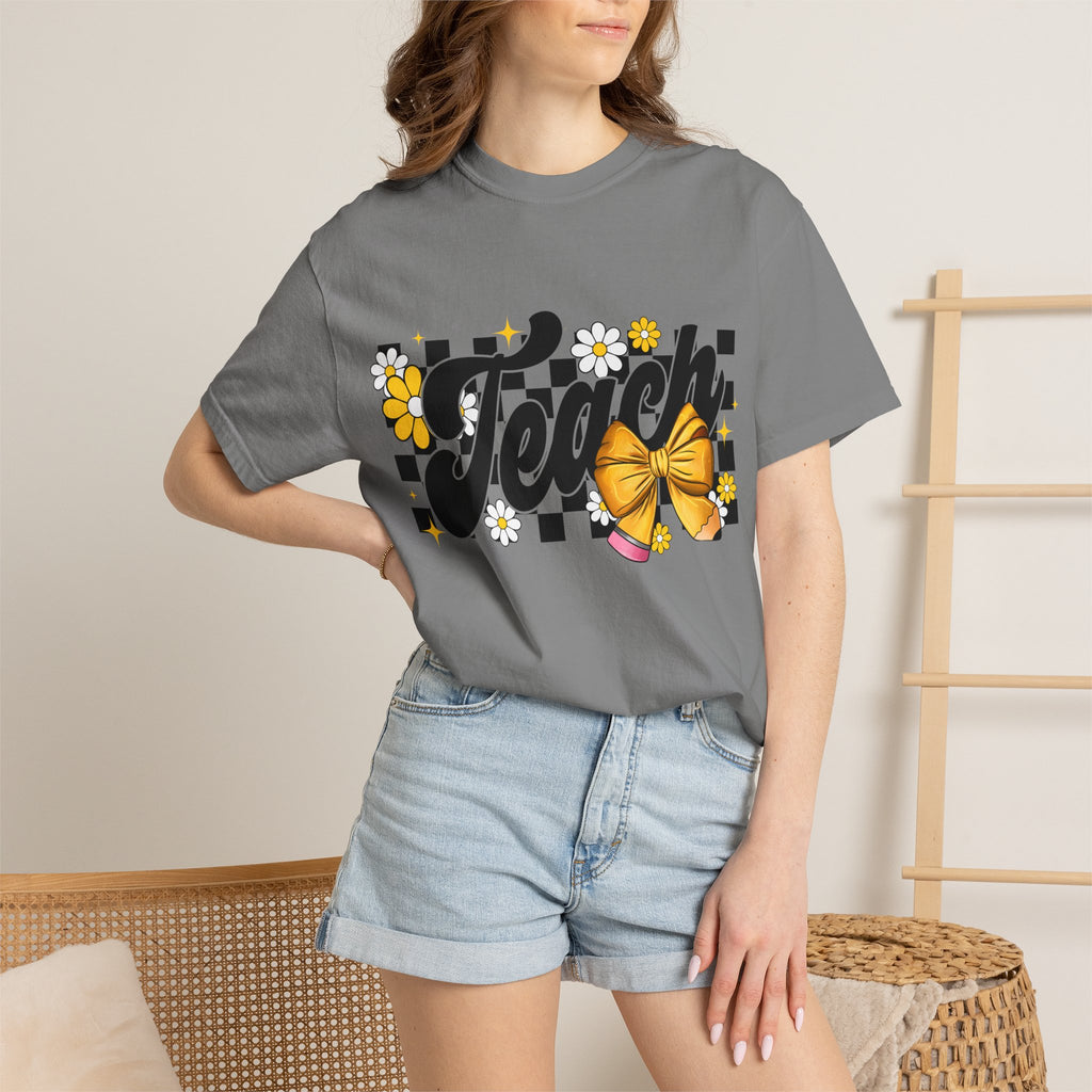 Teacher Floral Bow T-Shirt — 'Teach' Checkerboard Design
