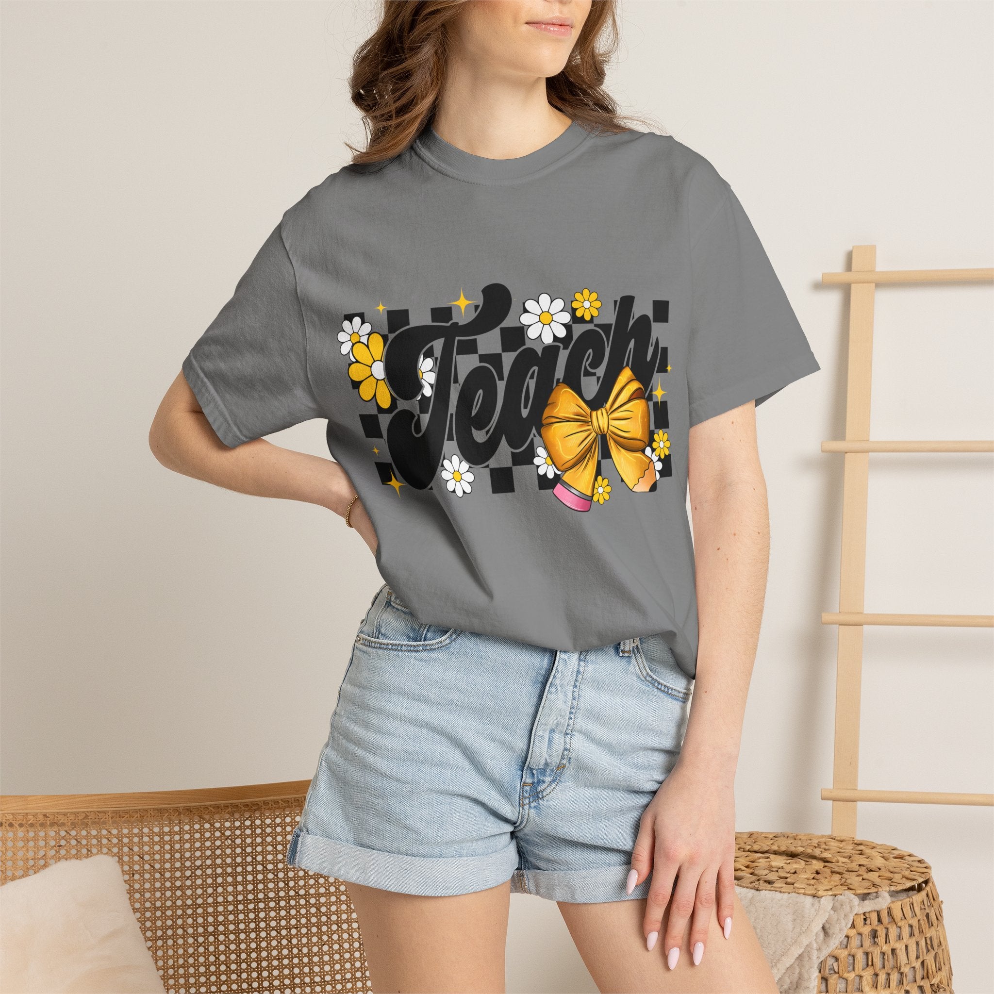 Teacher Floral Bow T-Shirt — 'Teach' Checkerboard Design