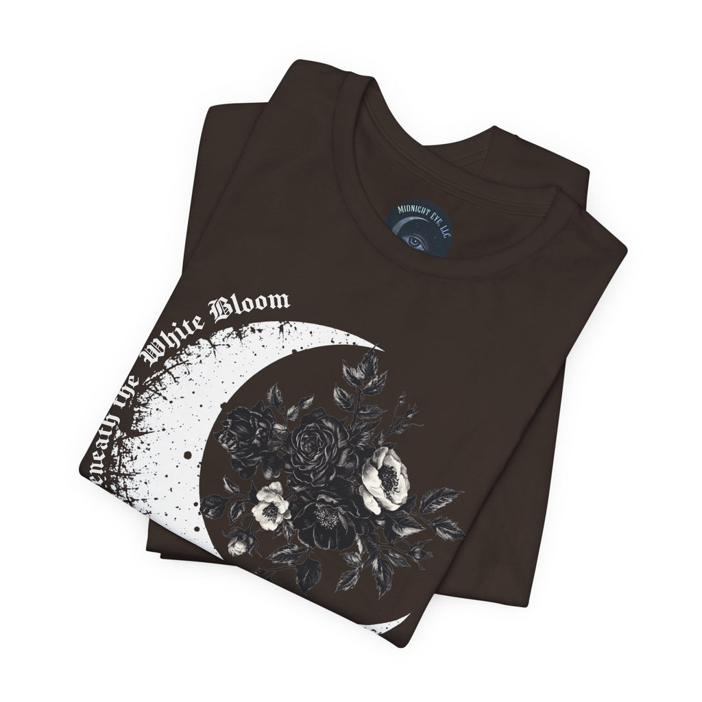Moonflower Moon Tee — Floral Crescent Moon Graphic T-Shirt - Gothic Moon & Flowers Tee