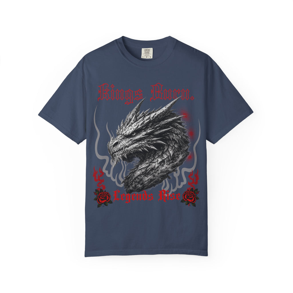 Dragon Head T-Shirt — "Kings Burn. Legends Rise." Red Rose Tattoo Graphic T-Shirt. Midnight Eye, LLC.