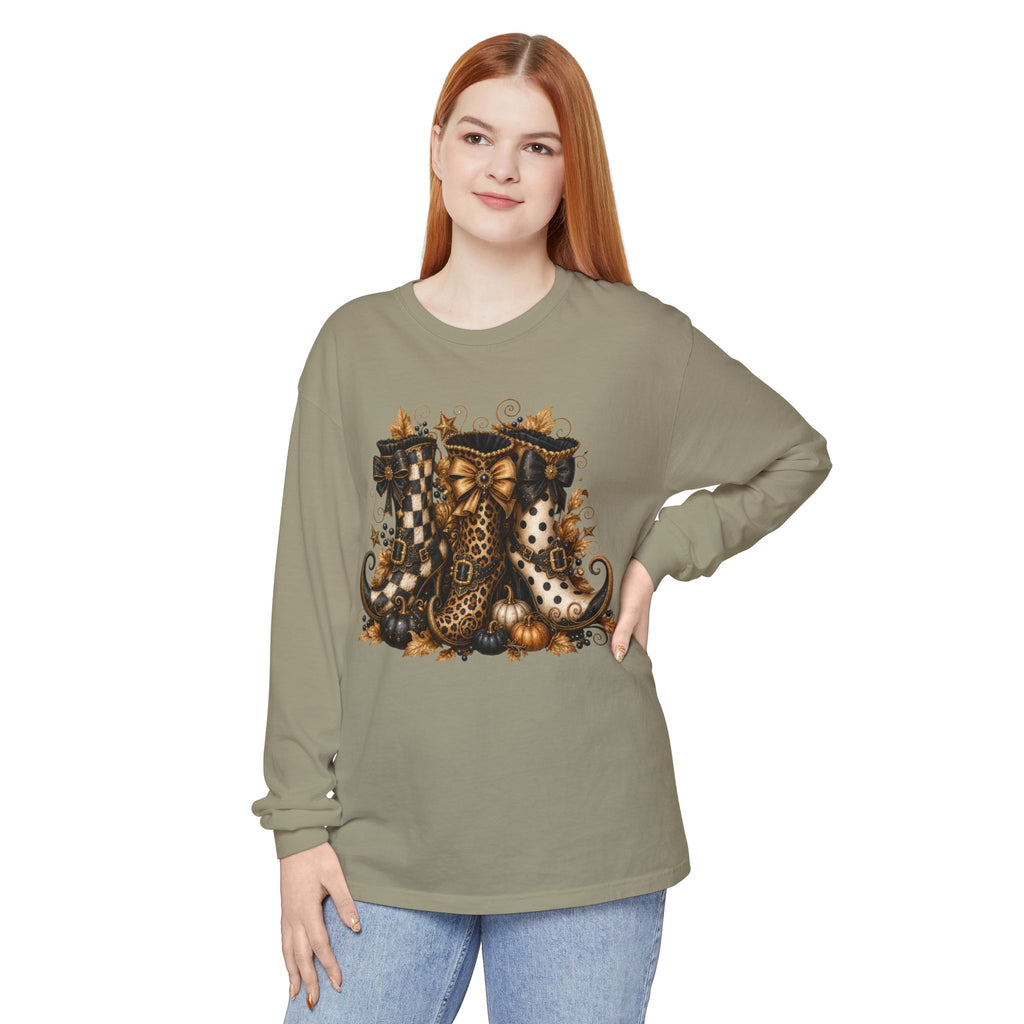 Halloween Witch Boots Long Sleeve T-Shirt — Vintage Spooky Pumpkin & Bows. Midnight Eye, LLC