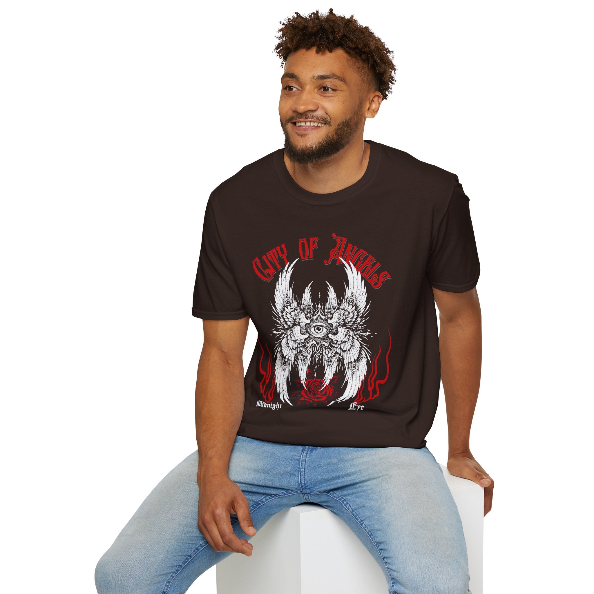 Winged Eye & Red Rose Graphic Tee — Streetwear T-Shirt - Goth Distressed Tee. Midnight Eye, LLC.