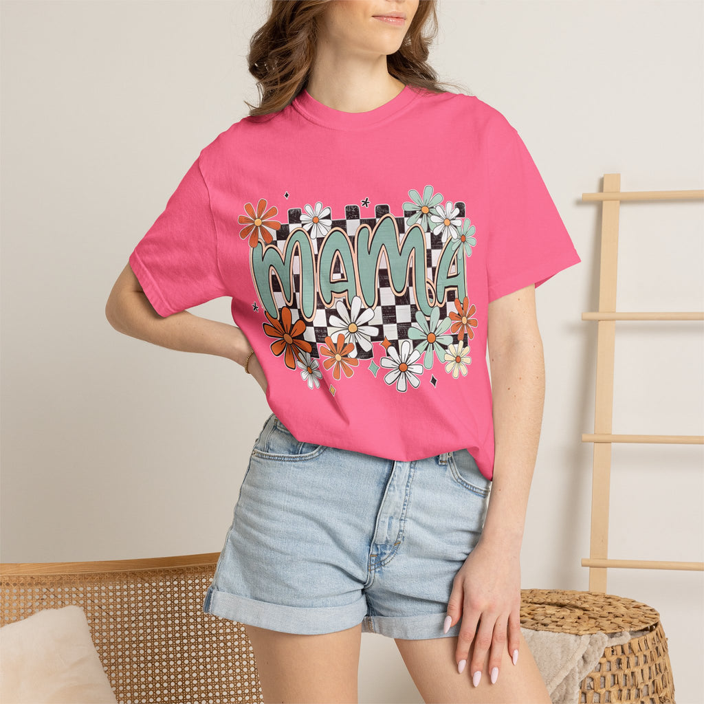 Mama Floral Graphic T-Shirt — Retro Checkerboard Mom Tee. Midnight Eye, LLC