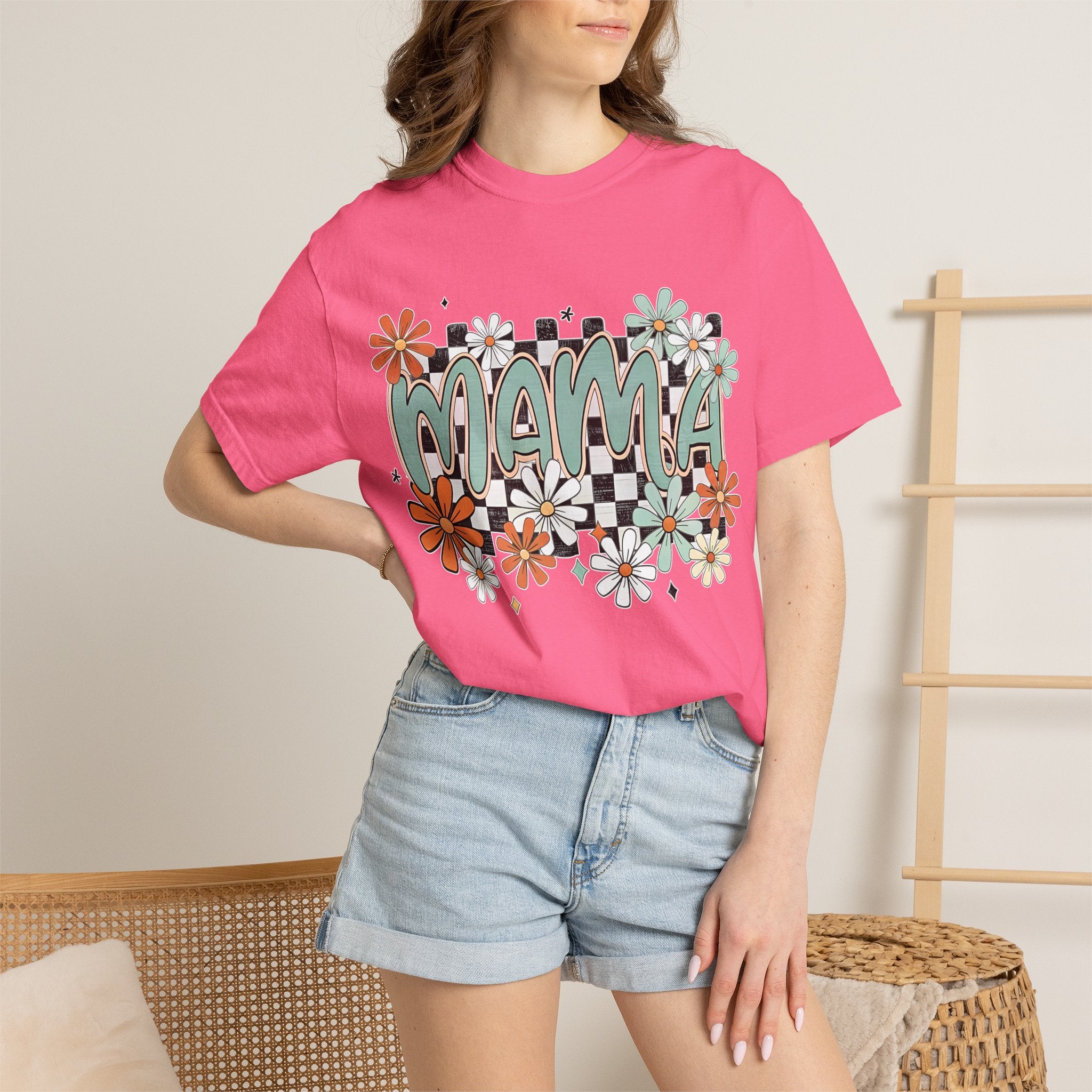 Mama Floral Graphic T-Shirt — Retro Checkerboard Mom Tee. Midnight Eye, LLC