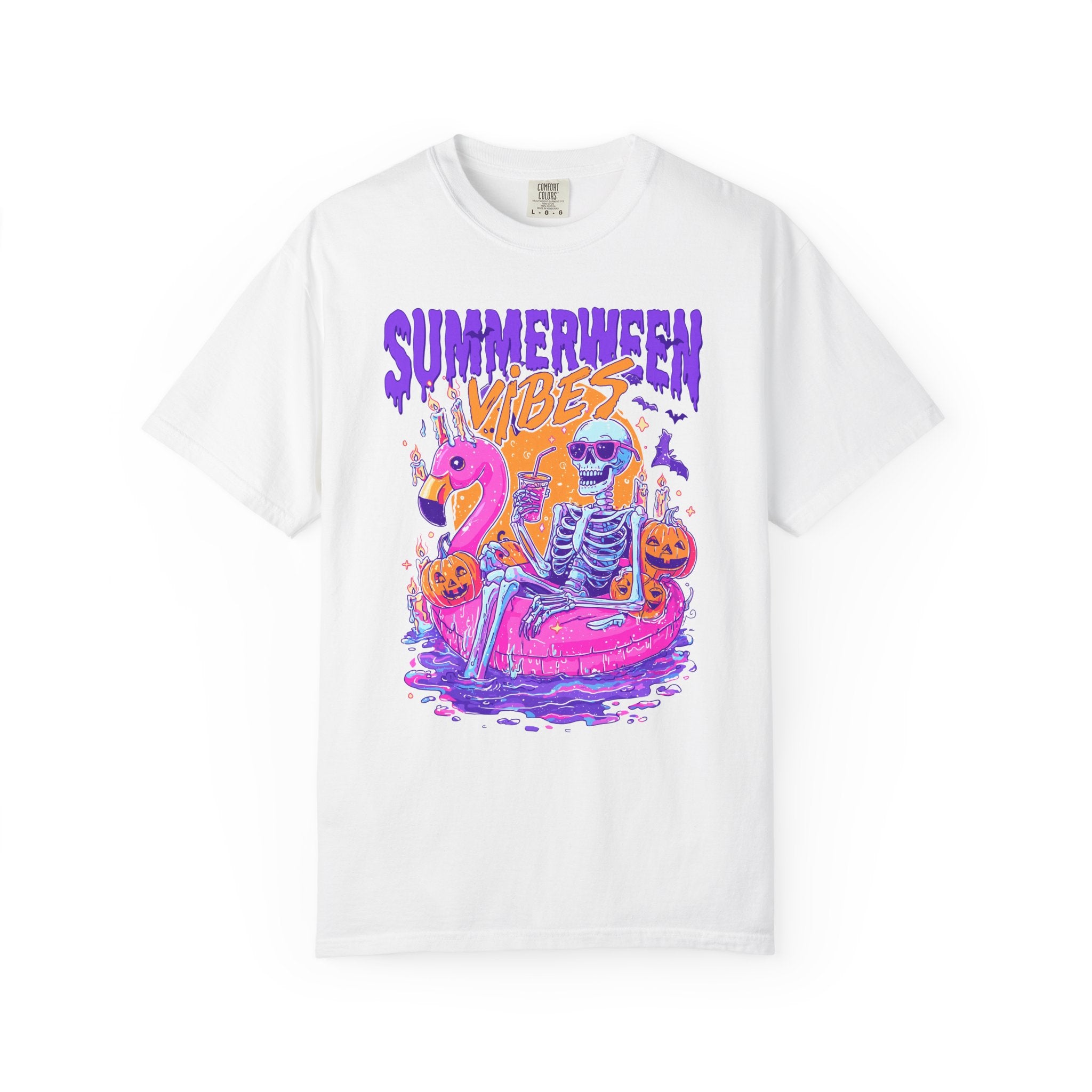 Summerween Vibes T-Shirt — Flamingo Pool Skeleton Halloween in Summer Tee - Midnight Eye, LLC