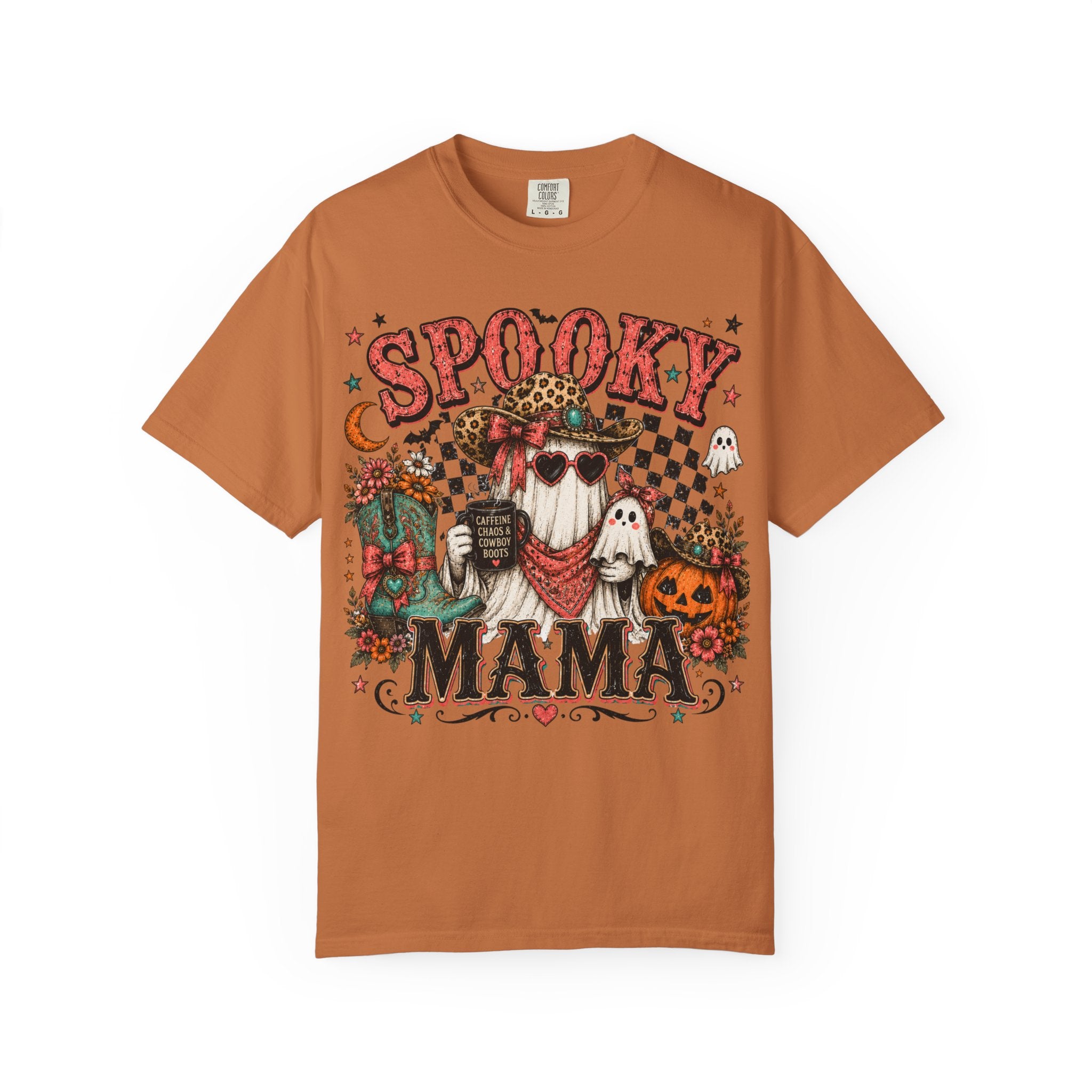 Spooky Mama T-Shirt — Vintage Halloween Ghosts & Pumpkin Graphic. Midnight Eye, LLC