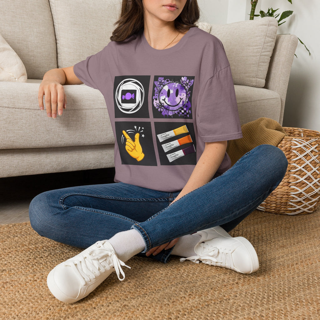 Women's Tee — Retro Purple Icons: Smiley, Peace Sign & Cassette Graphic - Midnight Eye, LLC