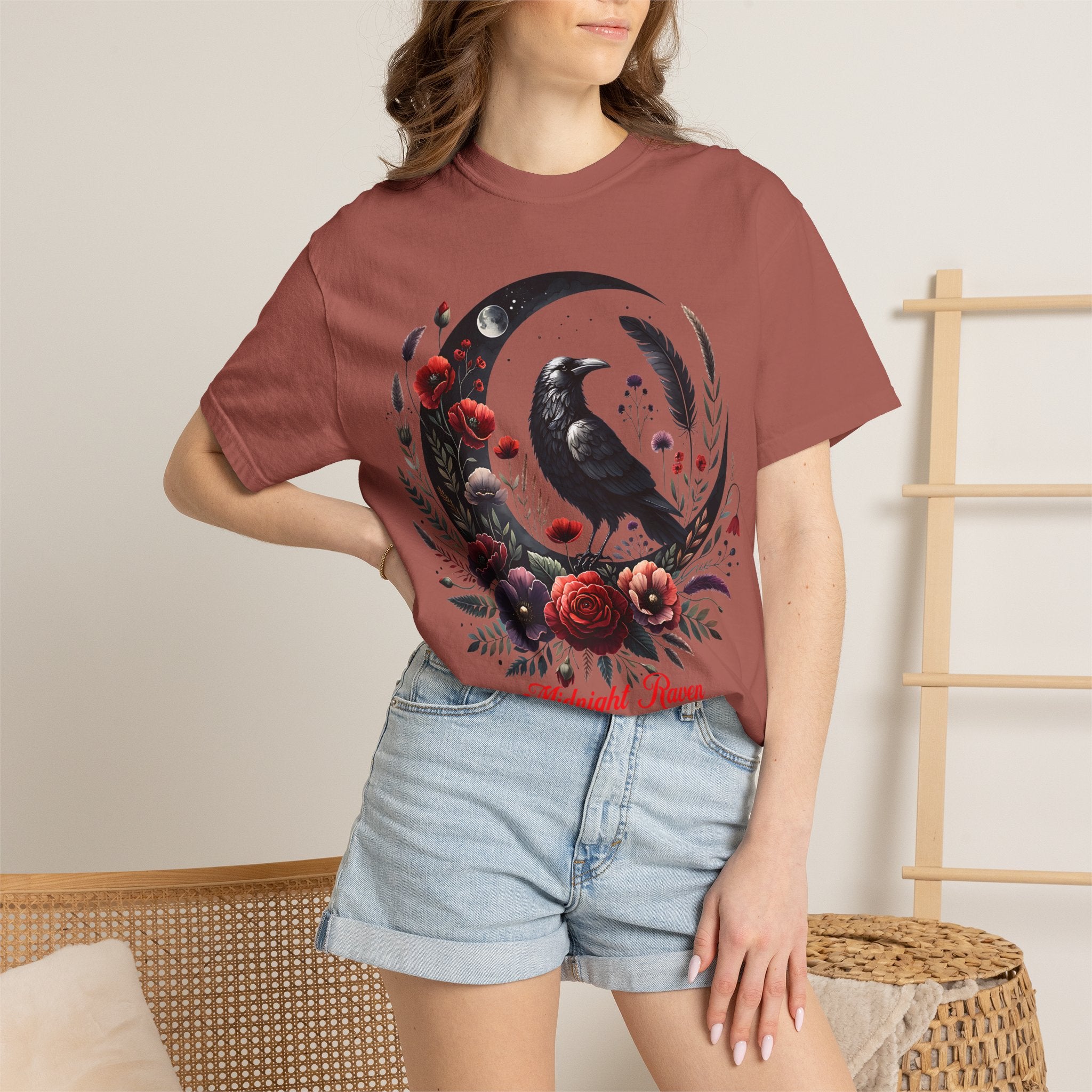 Moon Raven Floral T-Shirt — "Midnight Bloom" Graphic Tee - Mystical Moon Tee - Dark Aesthetic T-Shirt. Midnight Eye, LLC