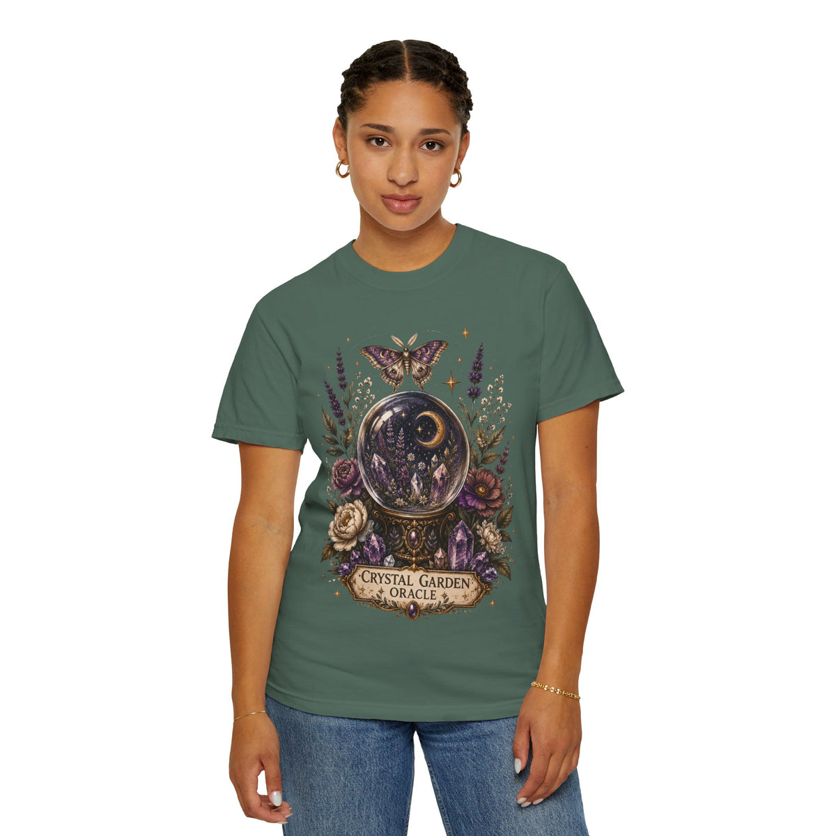 Crystal Garden Oracle T-Shirt — Mystical Moon & Crystal Ball Graphic Tee. Midnight Eye, LLC