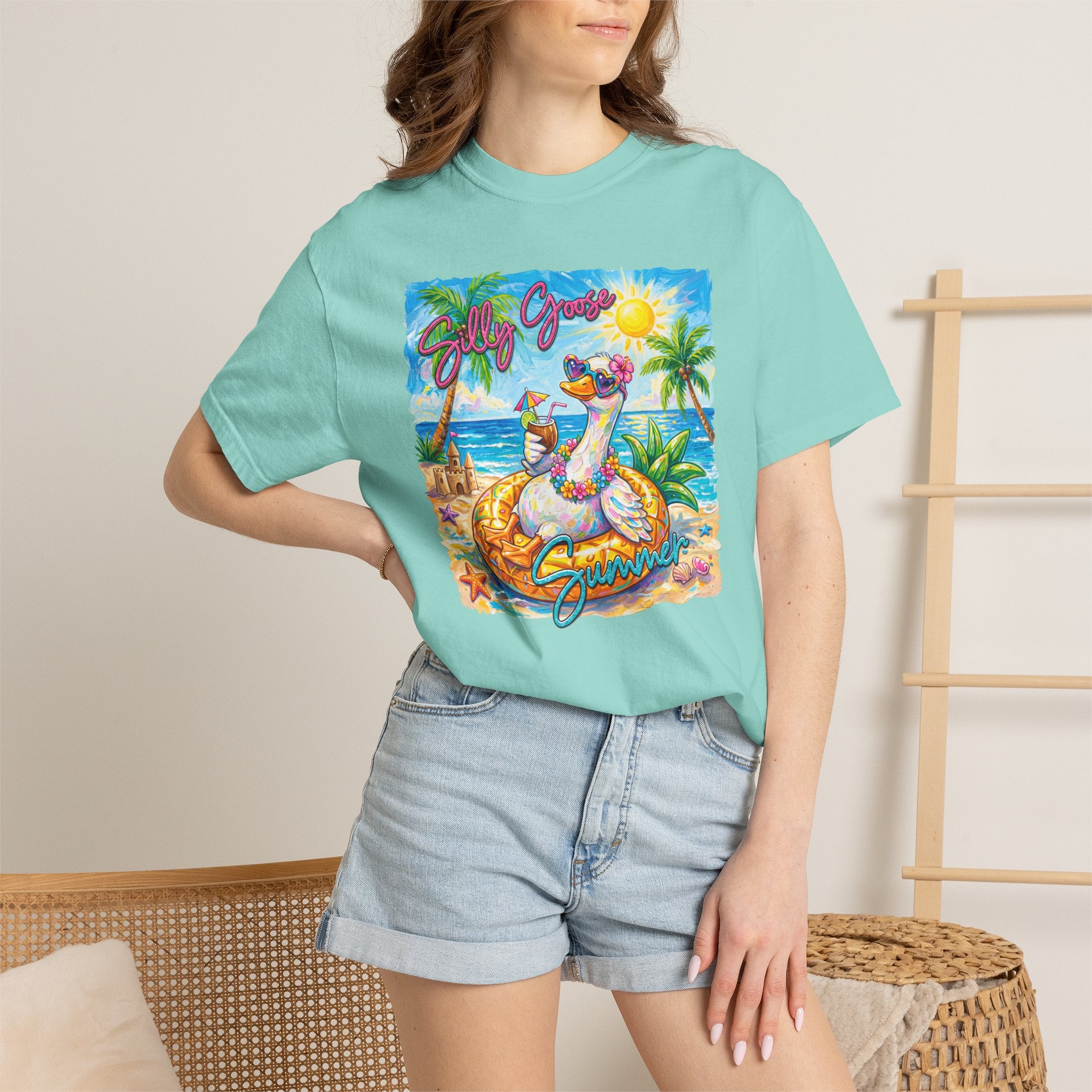 Silly Goose Summer T-Shirt - Colorful Summer Girl Tee - Beach Tee - Tropical T-Shirt - Midnight Eye, LLC
