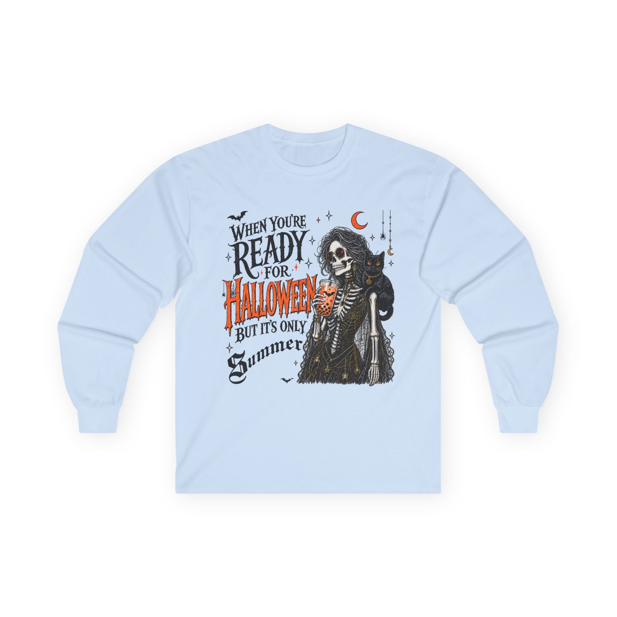 Halloween Skeleton Long Sleeve Tee – "When You're Ready for Halloween But It's Only Summer". Midnight Eye, LLC