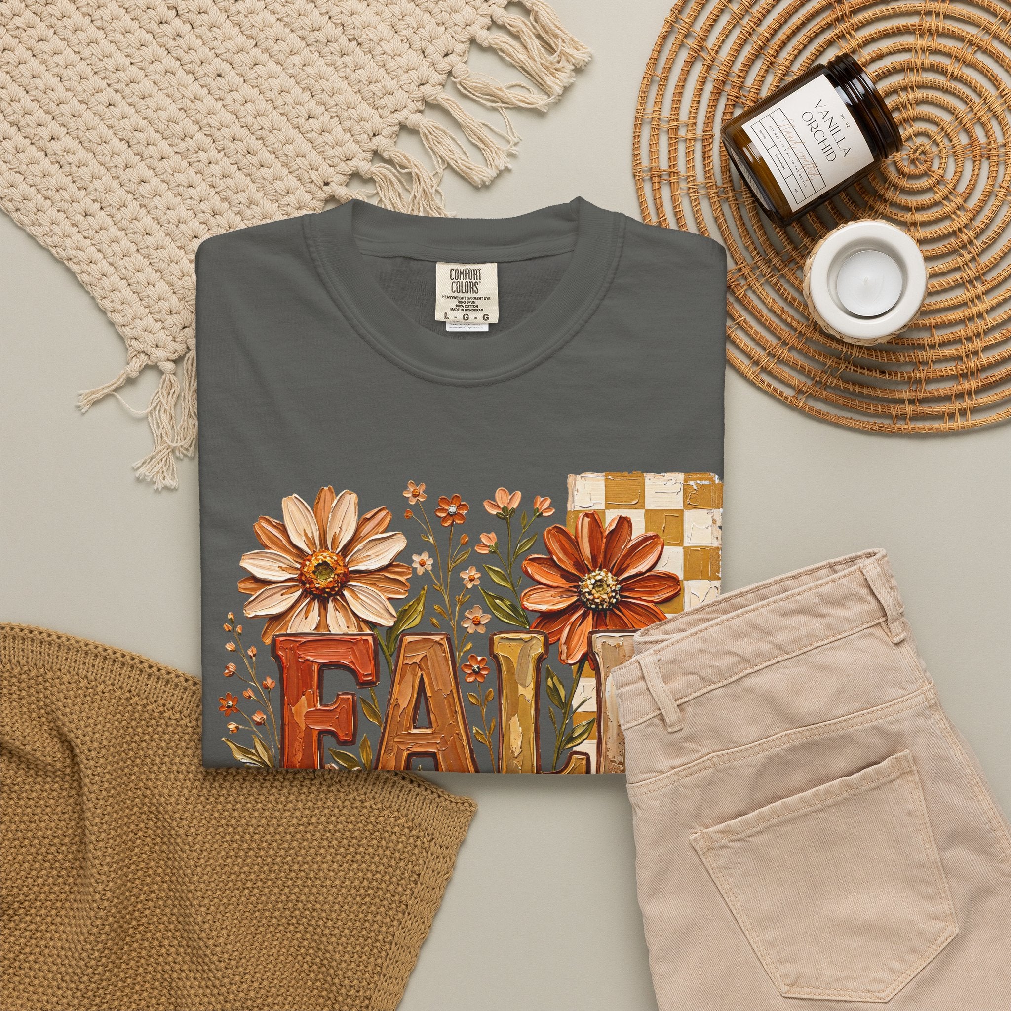 Fall Floral Pumpkin T-Shirt — Rustic Autumn Graphic Tee. Midnight Eye, LLC