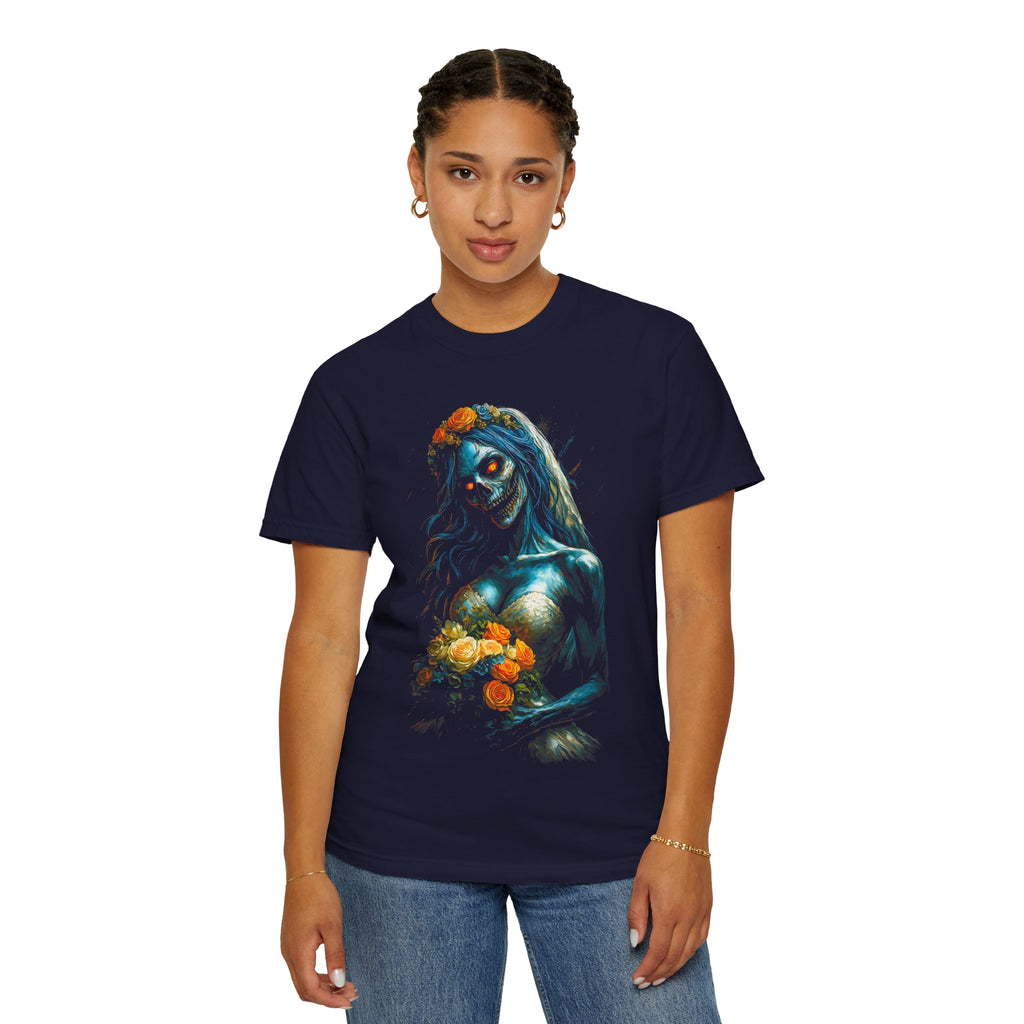 Zombie Bride Floral Skull T-Shirt — Gothic Halloween Horror Tee