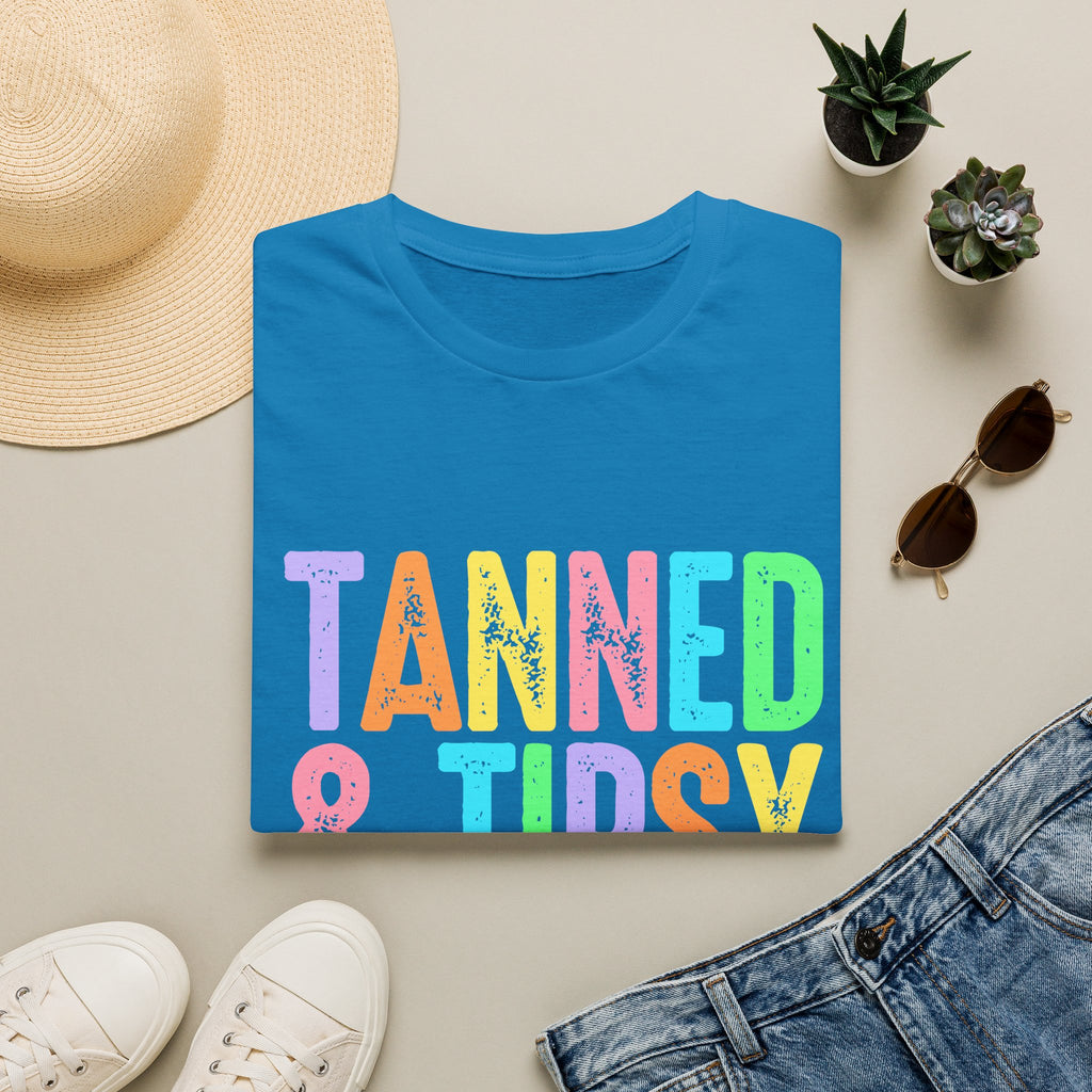 Tanned & Tipsy Beach Vacation T-Shirt - Colorful Vacation T-Shirt - Funny Summer Tee. Midnight Eye, LLC.