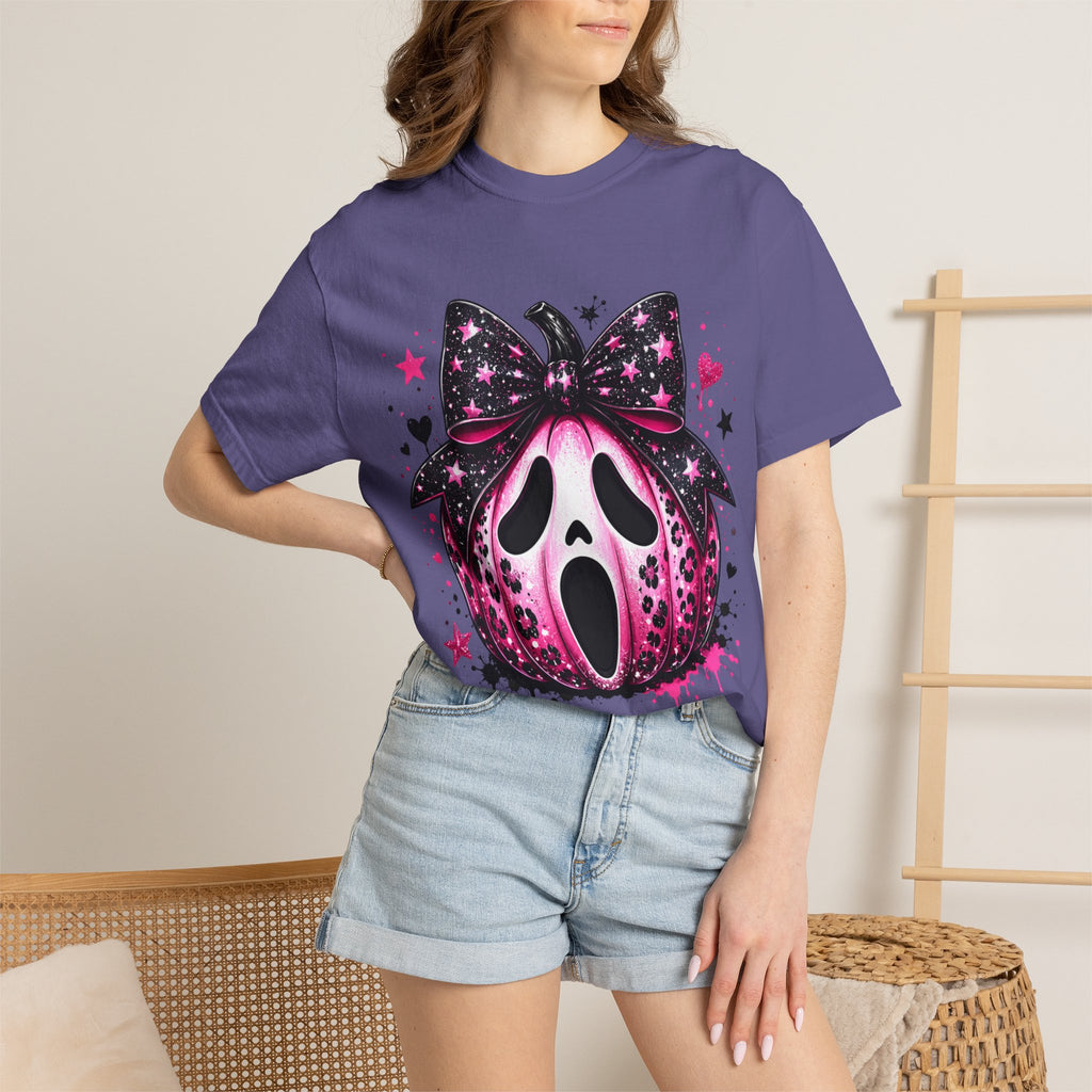 Ghost Face Pumpkin T‑Shirt — Cute Pink Halloween Tee. Midnight Eye, LLC