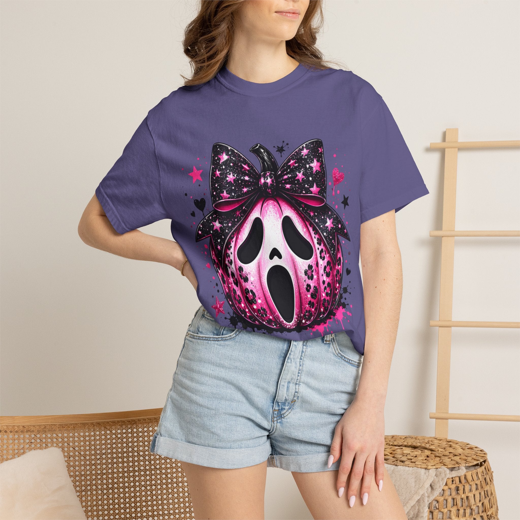 Ghost Face Pumpkin T‑Shirt — Cute Pink Halloween Tee. Midnight Eye, LLC