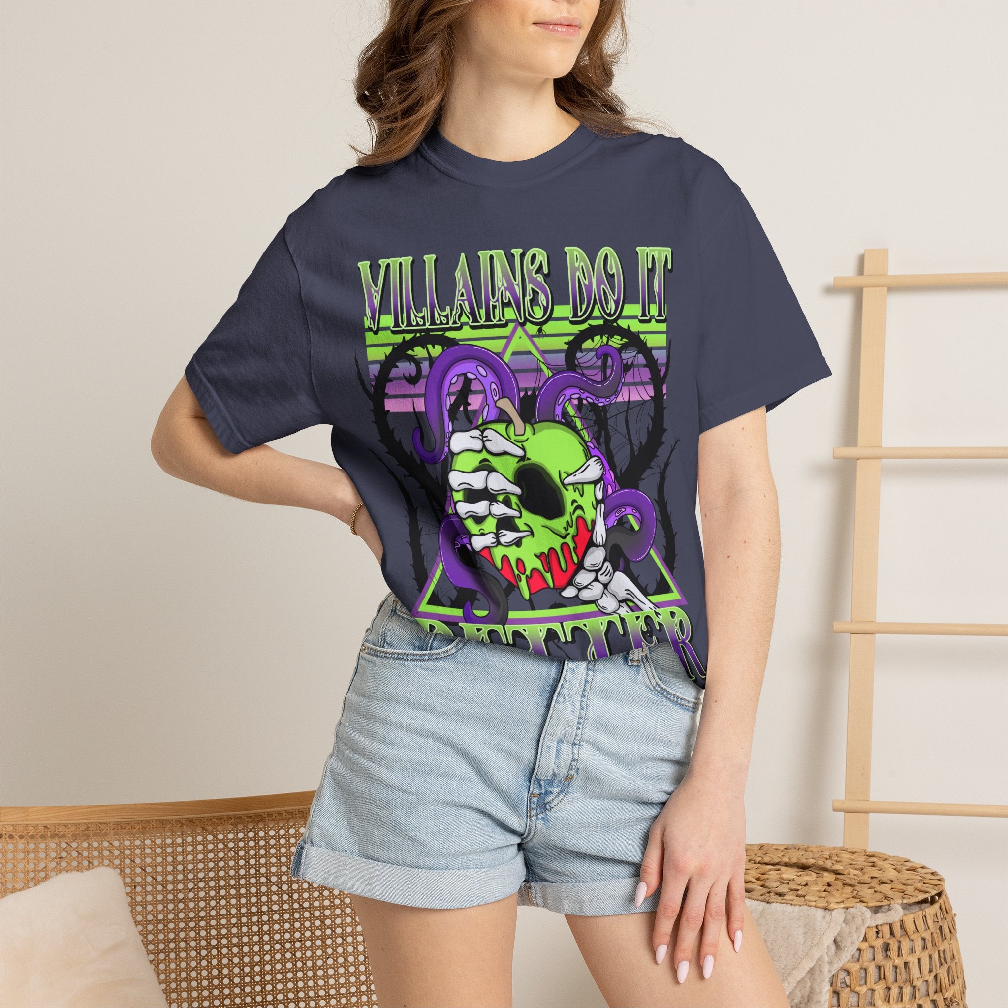 Villains Do It Better Graphic T-Shirt — Neon Monster Skull Tee. Midnight Eye, LLC