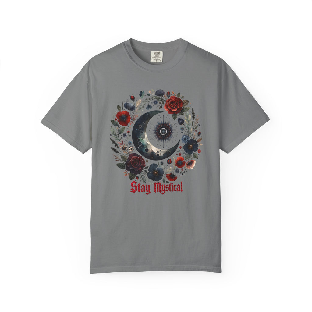 Mystical Moon T-Shirt — “Stay Mystical” Floral Crescent Tee - Dark Aesthetic T-Shirt. Midnight Eye, LLC.