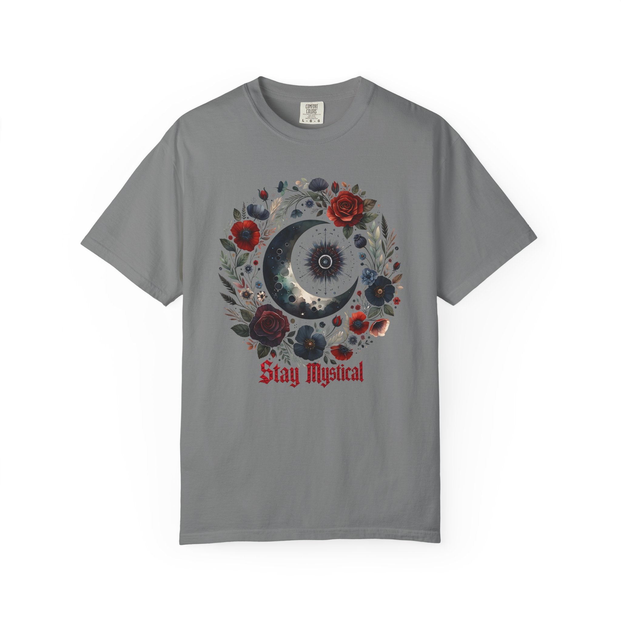 Mystical Moon T-Shirt — “Stay Mystical” Floral Crescent Tee - Dark Aesthetic T-Shirt. Midnight Eye, LLC.