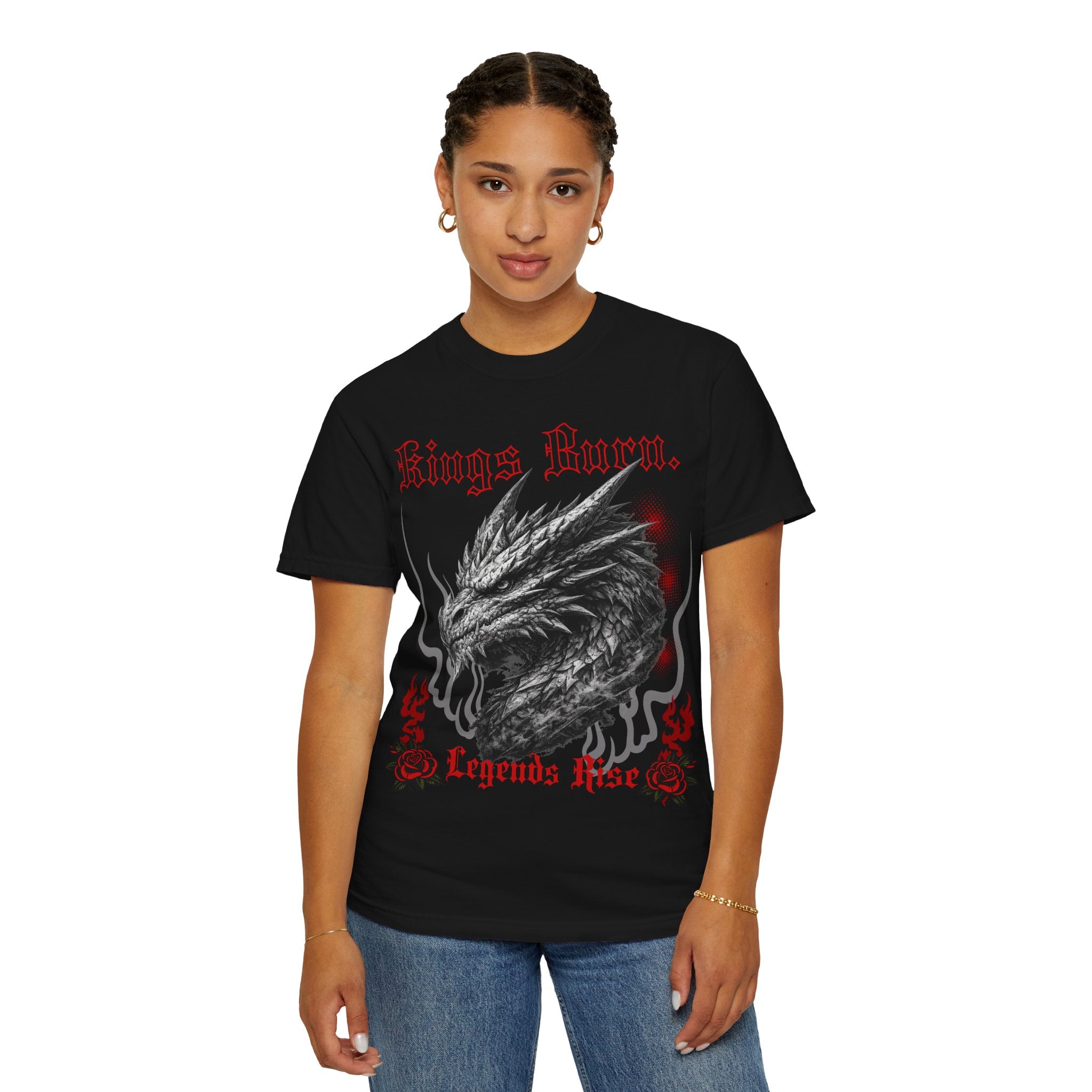 Dragon Head T-Shirt — "Kings Burn. Legends Rise." Red Rose Tattoo Graphic T-Shirt. Midnight Eye, LLC.