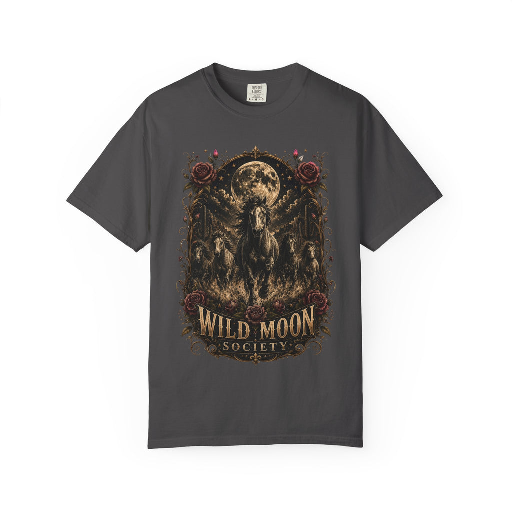 Wild Moon Society T-Shirt — Vintage Gothic Moon & Horse Graphic Tee. Midnight Eye, LLC.