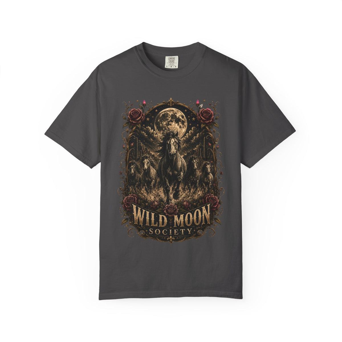 Wild Moon Society T-Shirt — Vintage Gothic Moon & Horse Graphic Tee. Midnight Eye, LLC.