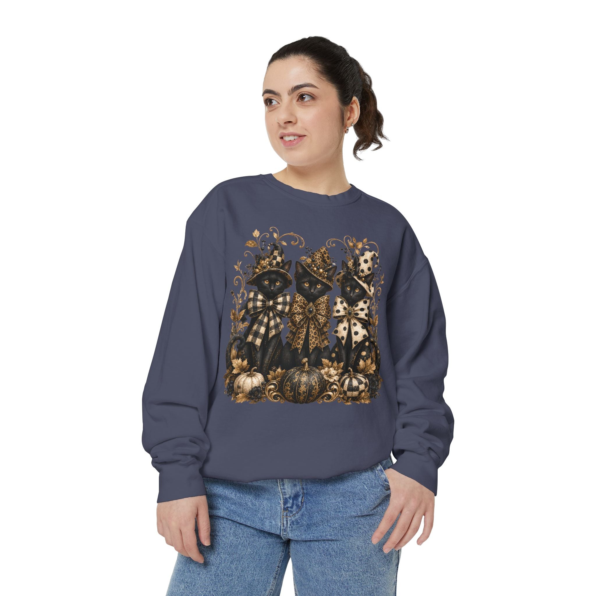 Fall Cats and Pumpkins Crewneck — Comfort Colors Unisex Fleece. Midnight Eye, LLC