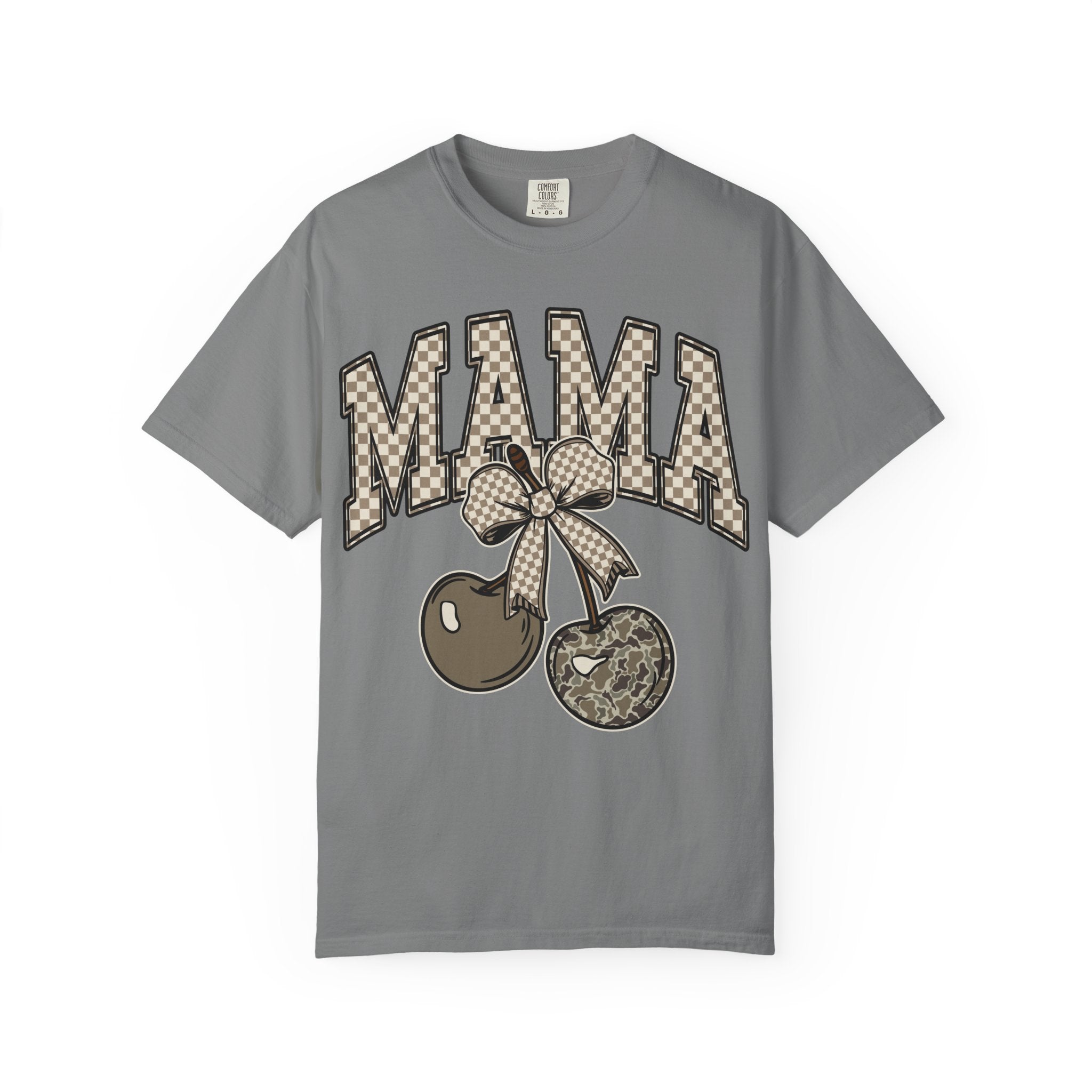 Mama Cherry Graphic T-Shirt — Retro Checkerboard Cherry Design. Midnight Eye, LLC