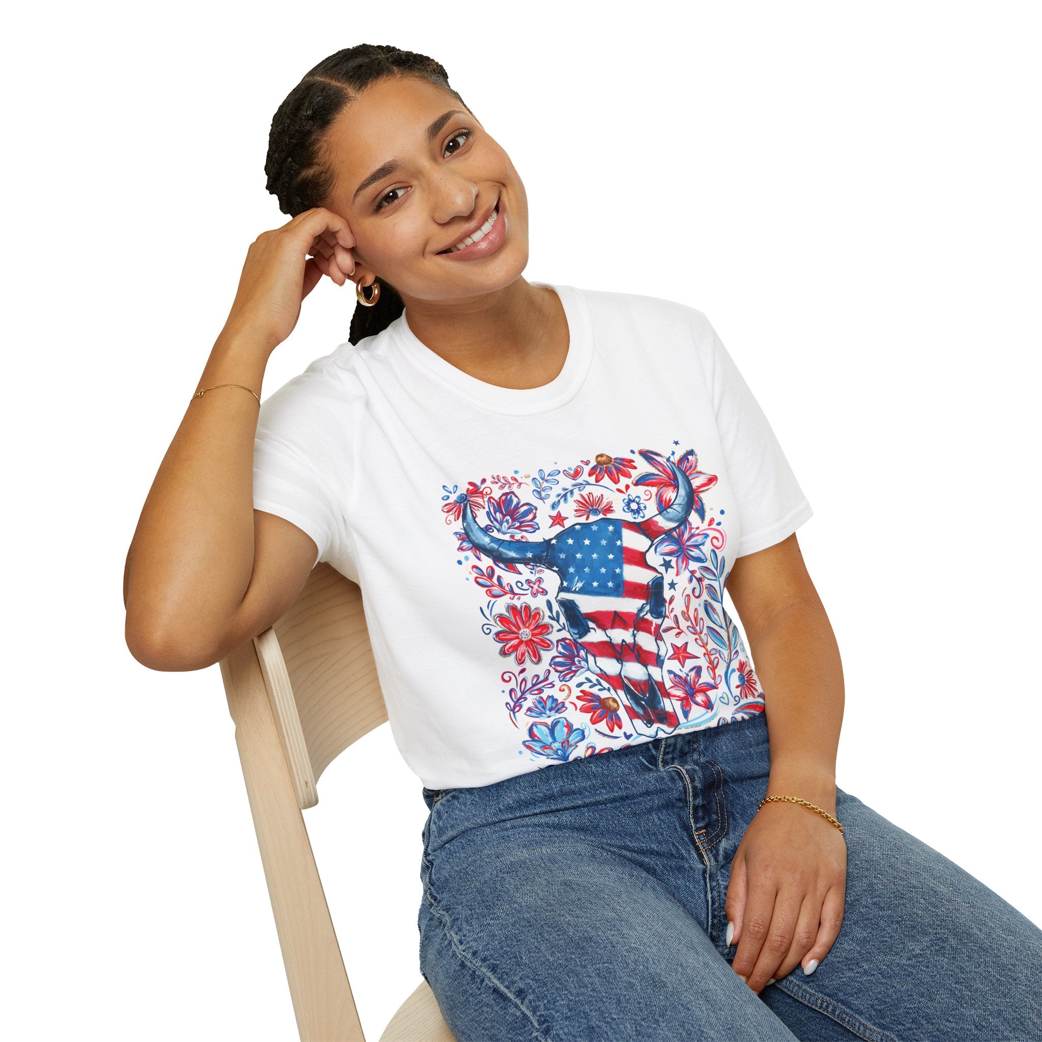 American Flag Longhorn T-Shirt — Patriotic Western Bull Tee for 4th of July - Midnight Eye, LLC