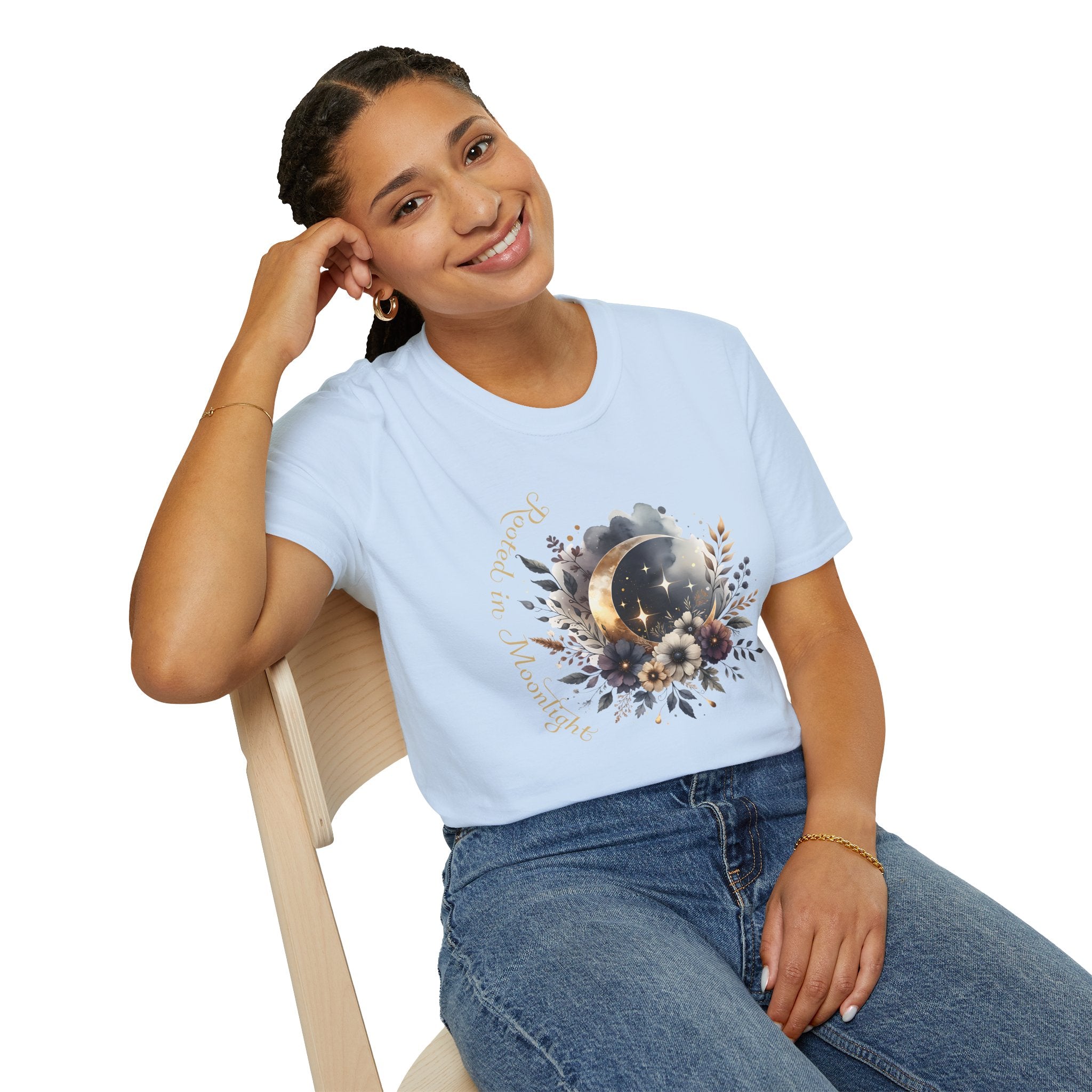 Moonlight Floral T-Shirt — 'Rooted in Moonlight' Celestial Floral Graphic Tee - Mystical Tee - Midnight Eye, LLC