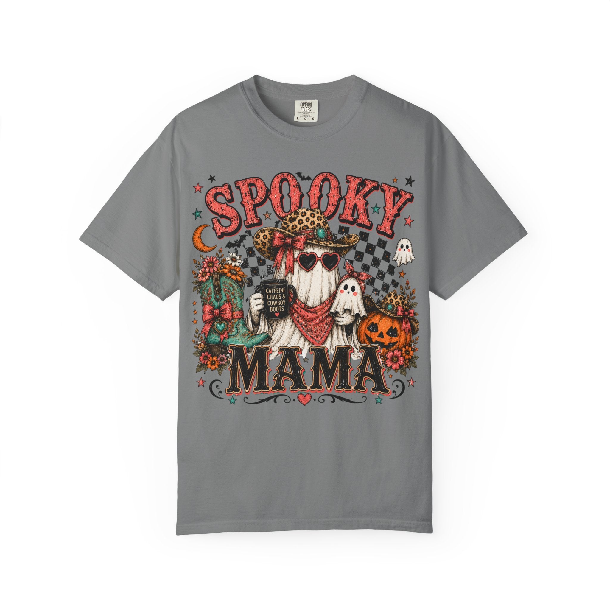 Spooky Mama T-Shirt — Vintage Halloween Ghosts & Pumpkin Graphic. Midnight Eye, LLC