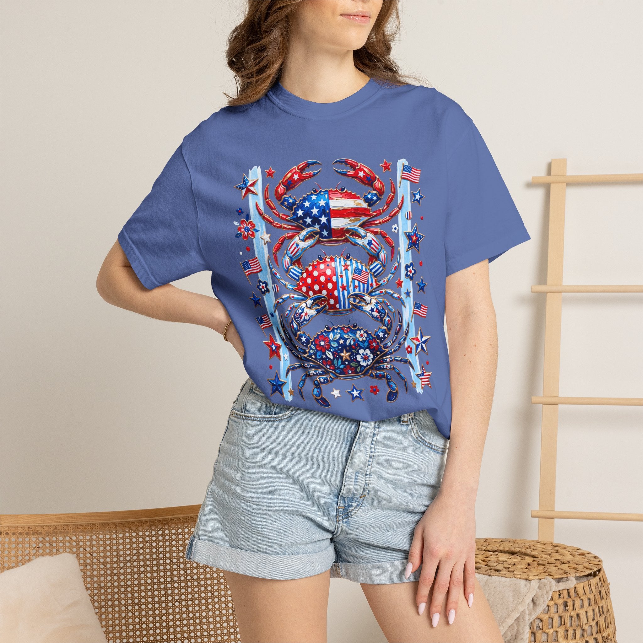 Patriotic Crab T-Shirt — Red White Blue Fourth of July Tee - Faux Brushstroke Graphic Tee