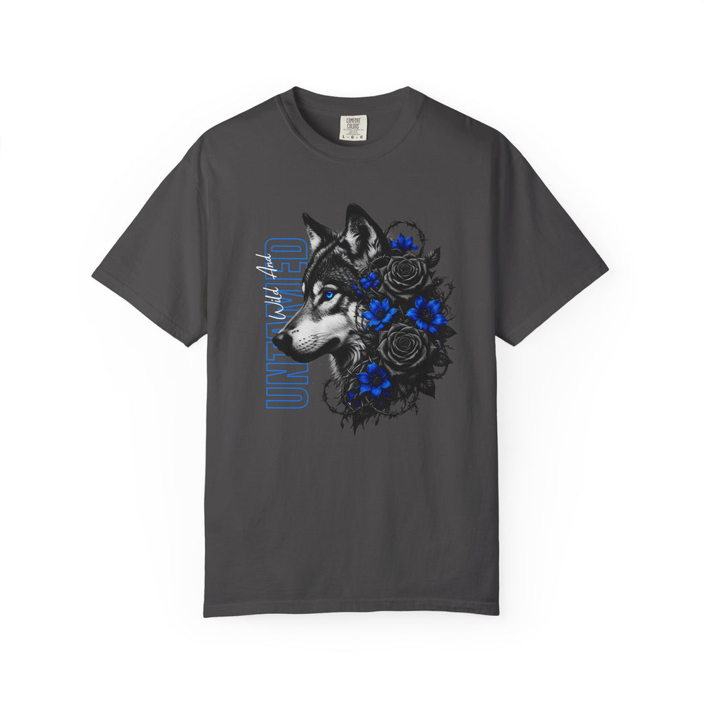 Wolf Floral T-Shirt — "Untamed" Graphic Tee with Blue & Black Roses. Midnight Eye, LLC