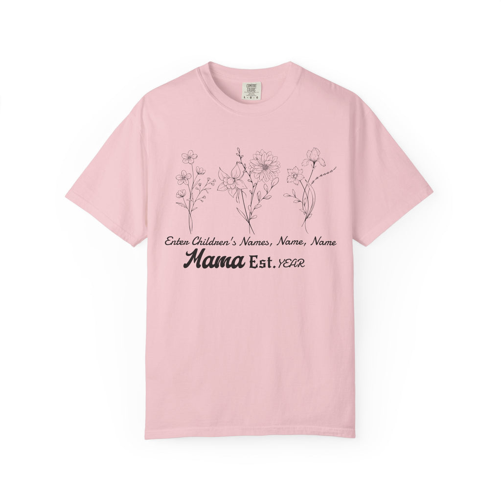 Mama Est. Personalized Floral T-Shirt — Child Name & Birth Year Tee - Midnight Eye, LLC
