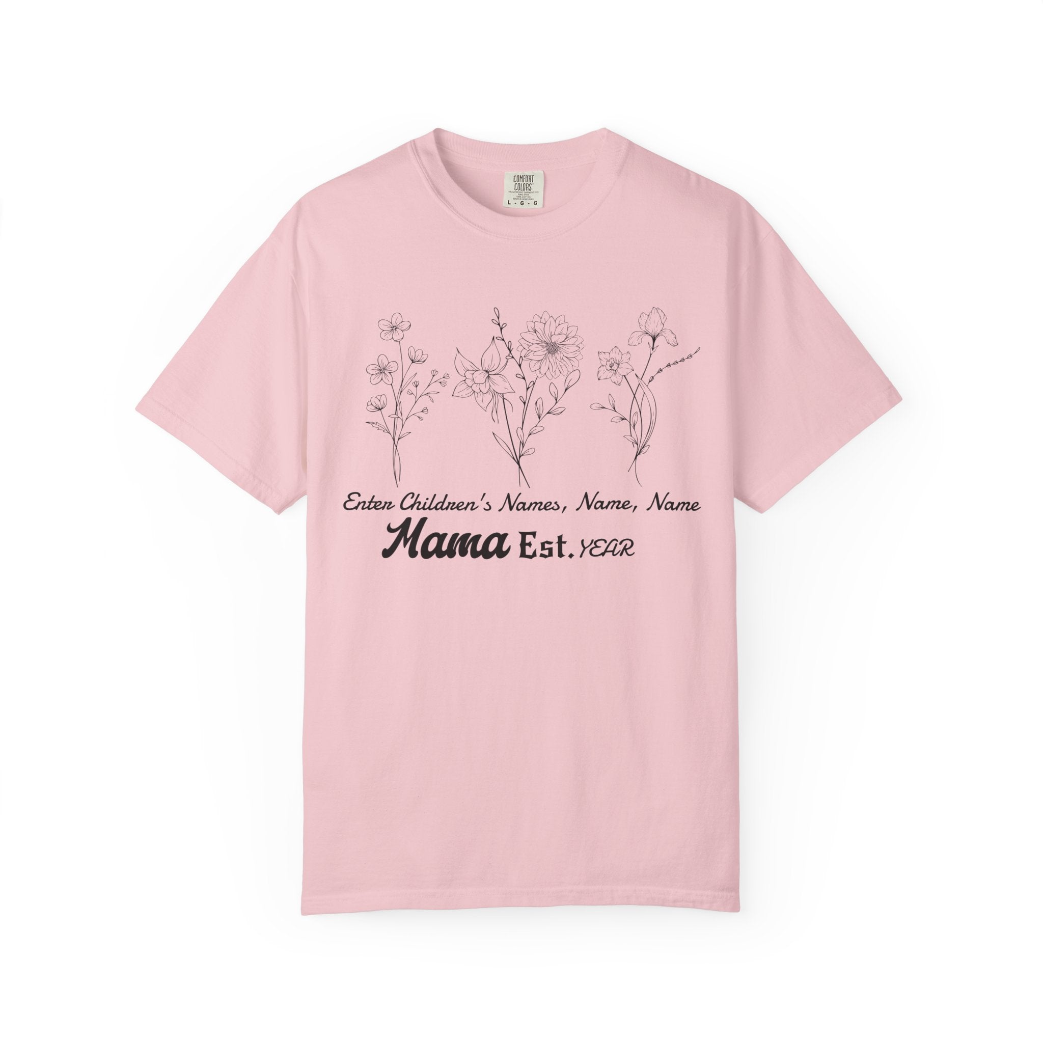 Mama Est. Personalized Floral T-Shirt — Child Name & Birth Year Tee