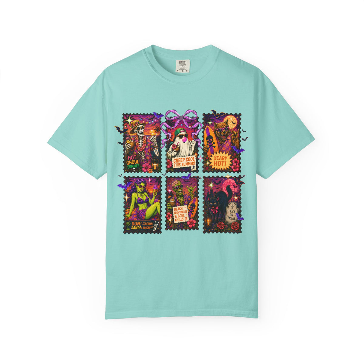 Halloween Witch Postage Stamp T-Shirt — Vintage Spooky Pin-Up Graphic Tee. Midnight Eye, LLC
