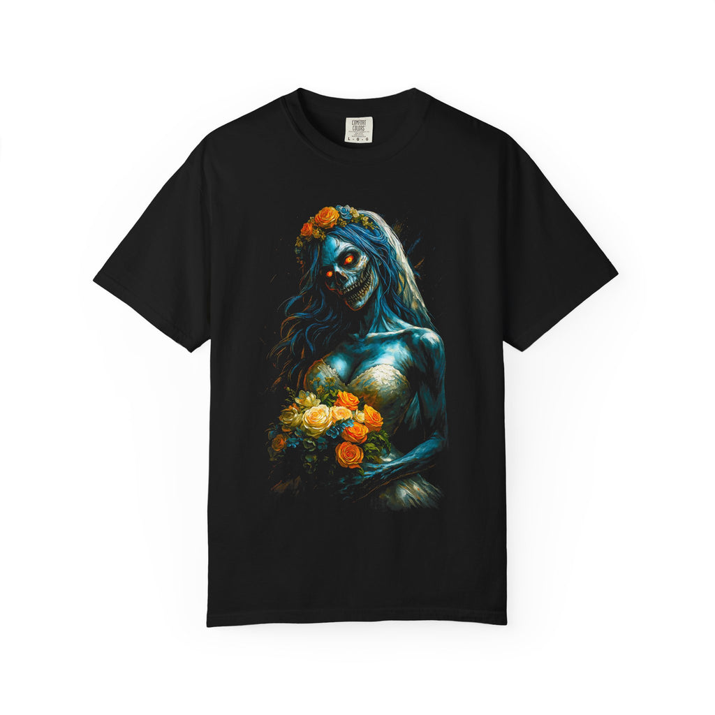 Zombie Bride Floral Skull T-Shirt — Gothic Halloween Horror Tee