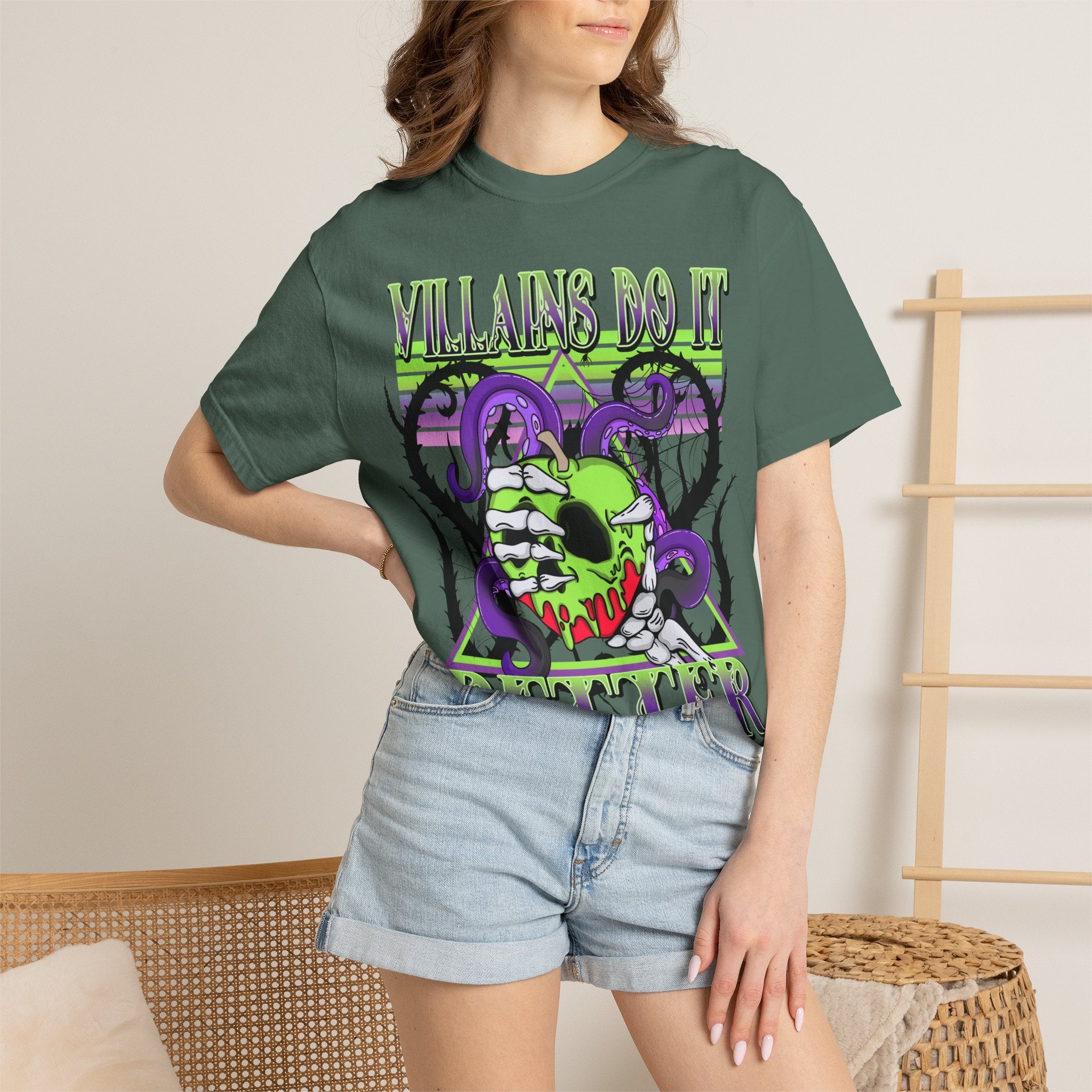Villains Do It Better Graphic T-Shirt — Neon Monster Skull Tee. Midnight Eye, LLC